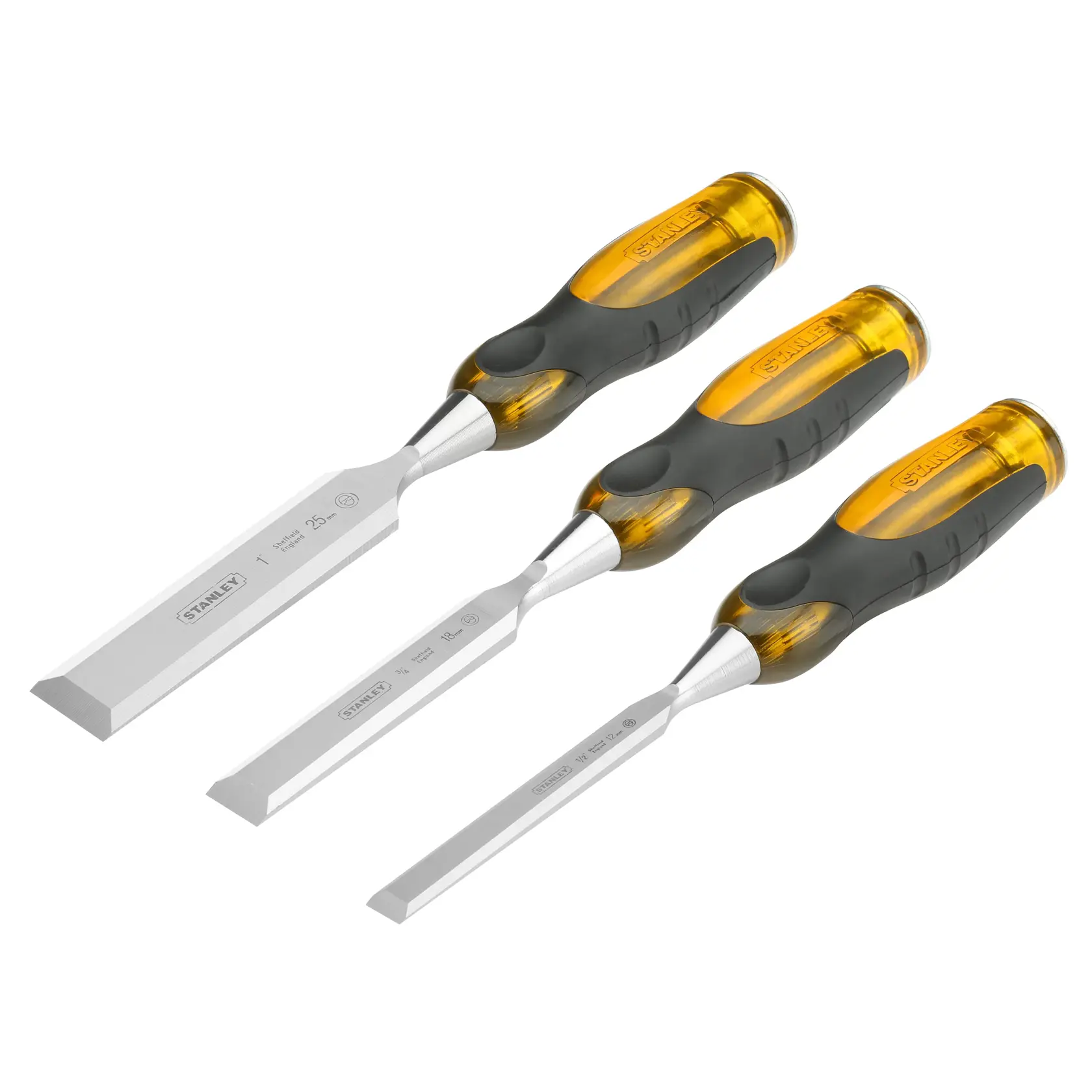 Stanley Dreier-Set Holzhobel mit gelb-schwarzen Griffen, nebeneinander auf weißem Hintergrund.