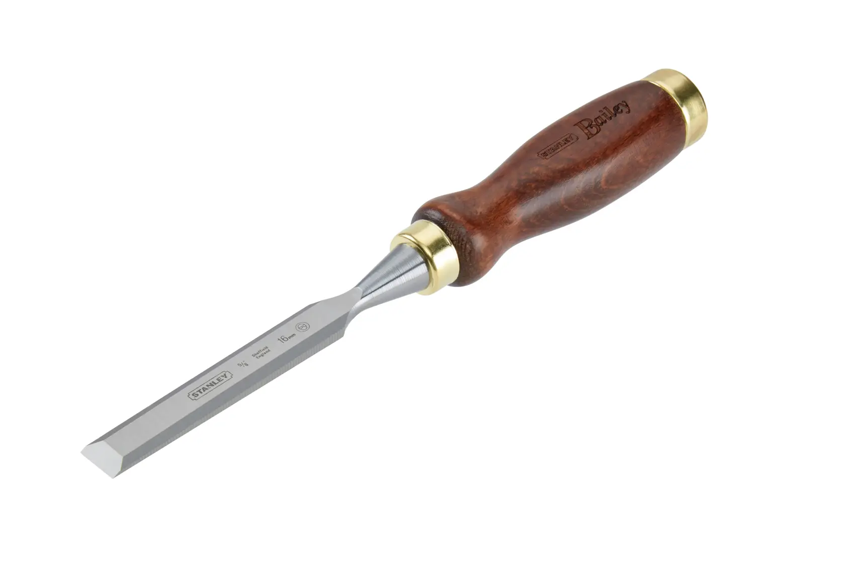 Holzmeißel mit Metallklinge und poliertem Holzgriff, Messingakzente an den Enden.
