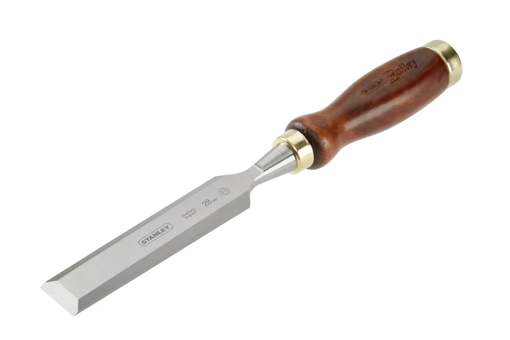 STANLEY 2-16-393 Holzmeißel mit polierter Klinge und dunklem Holzgriff, seitliche Ansicht.