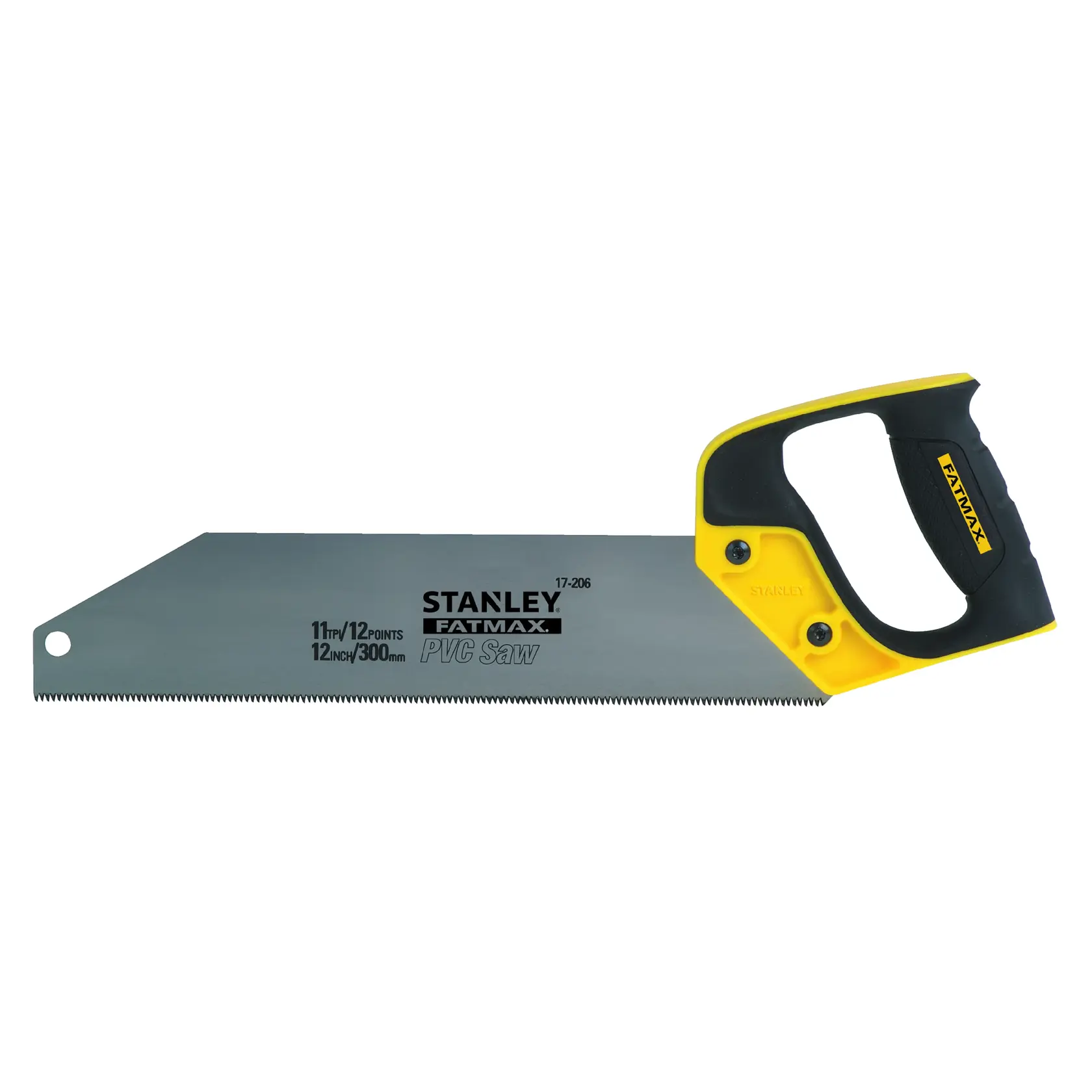 STANLEY 2-17-206 Handsäge mit gelbem und schwarzem ergonomischem Griff, gerades Blatt, Seitenansicht, Fotografieprodukt.
