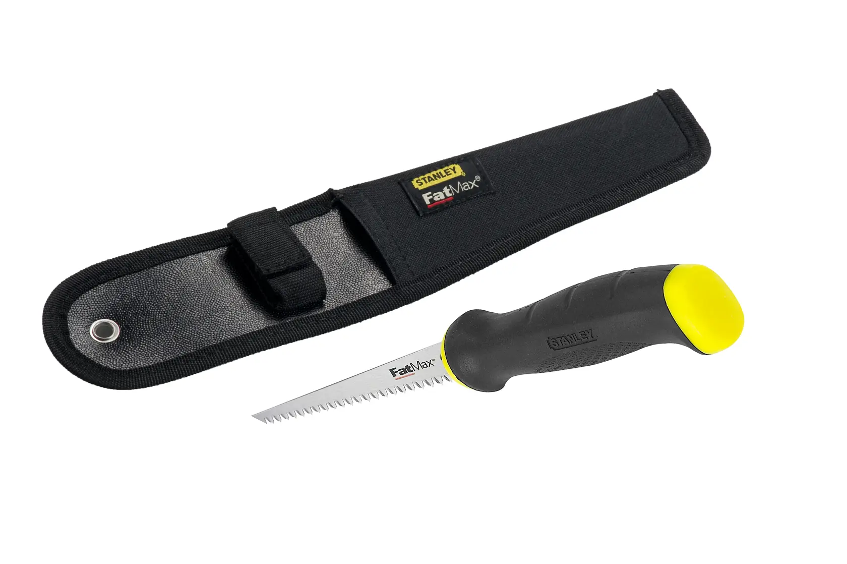 STANLEY 2-20-556 Handsäge mit schwarz-gelbem Griff und schwarzer Schutzhülle, Produkt Seitenansicht.