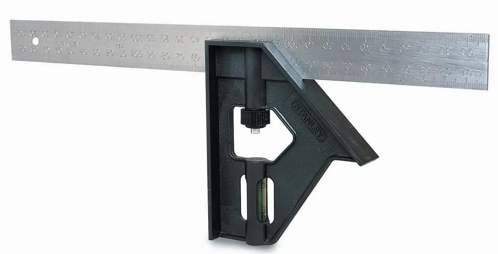 Stanley Kombinationswinkel mit Metalllineal und schwarzem Griff zum Messen und Markieren von Winkeln.