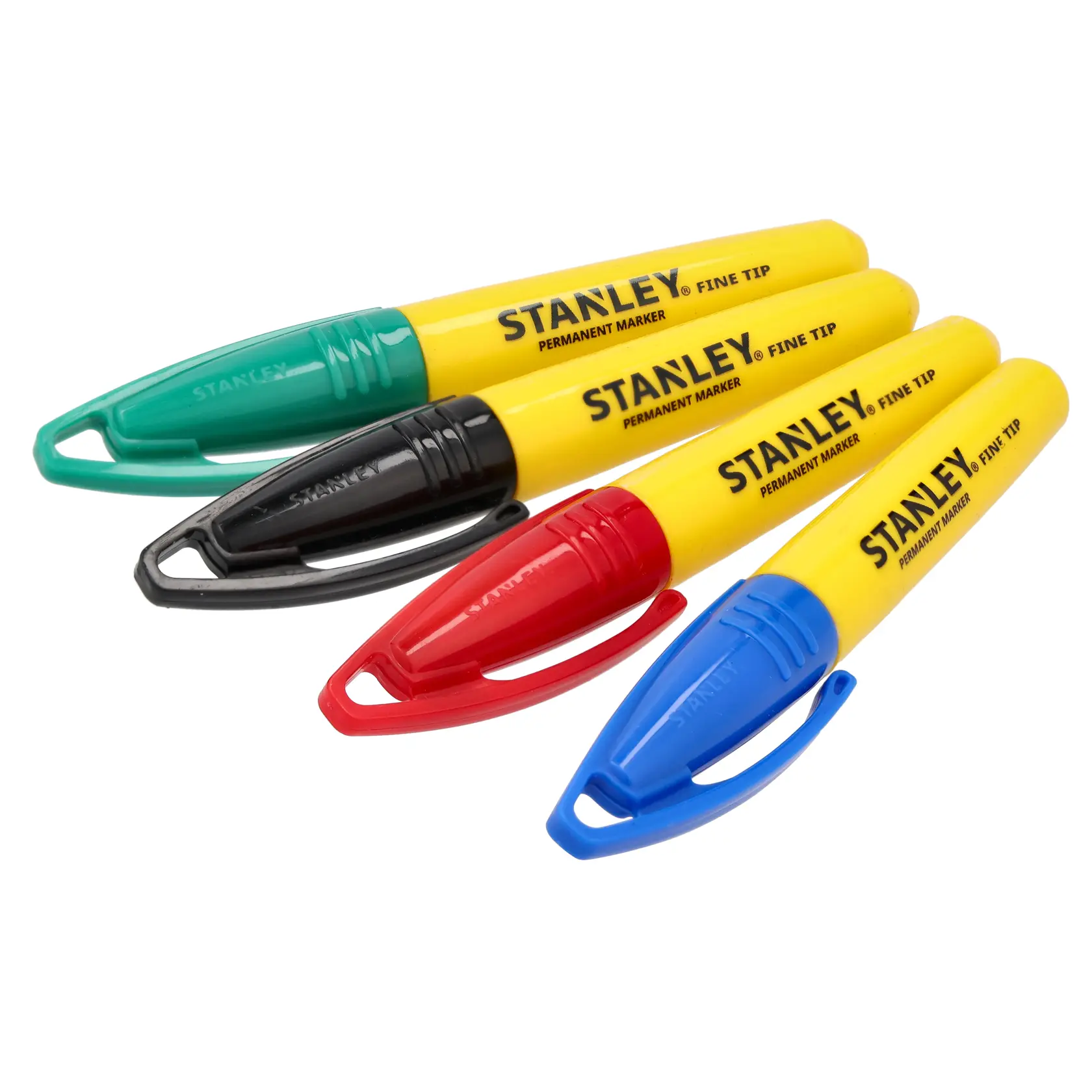 STANLEY 2-47-329 Permanentmarker, Viererpack, gelber Körper mit grüner, schwarzer, roter und blauer Kappe, schräge Ansicht.