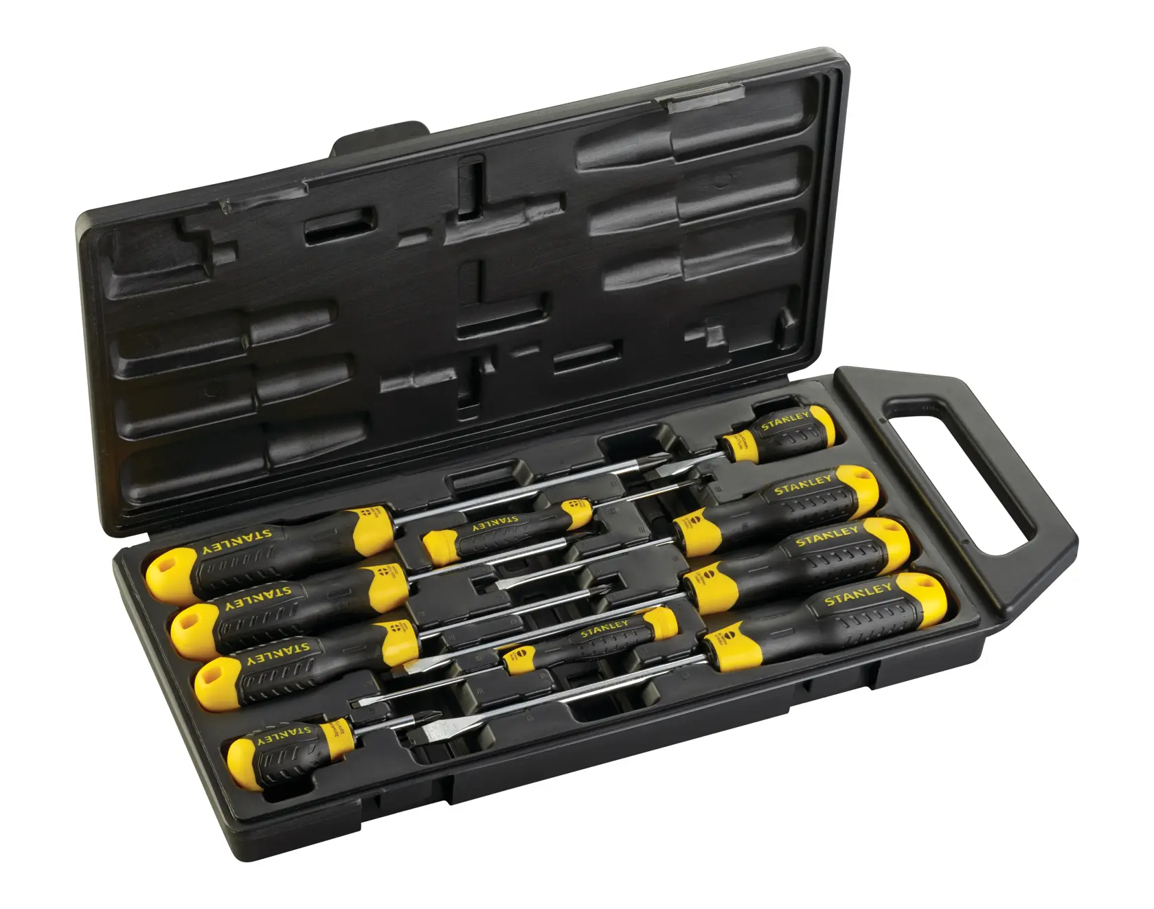 STANLEY 2-65-005 Schraubendreher-Set mit schwarz-gelben Griffen in Hartplastikkoffer, schräge Ansicht.