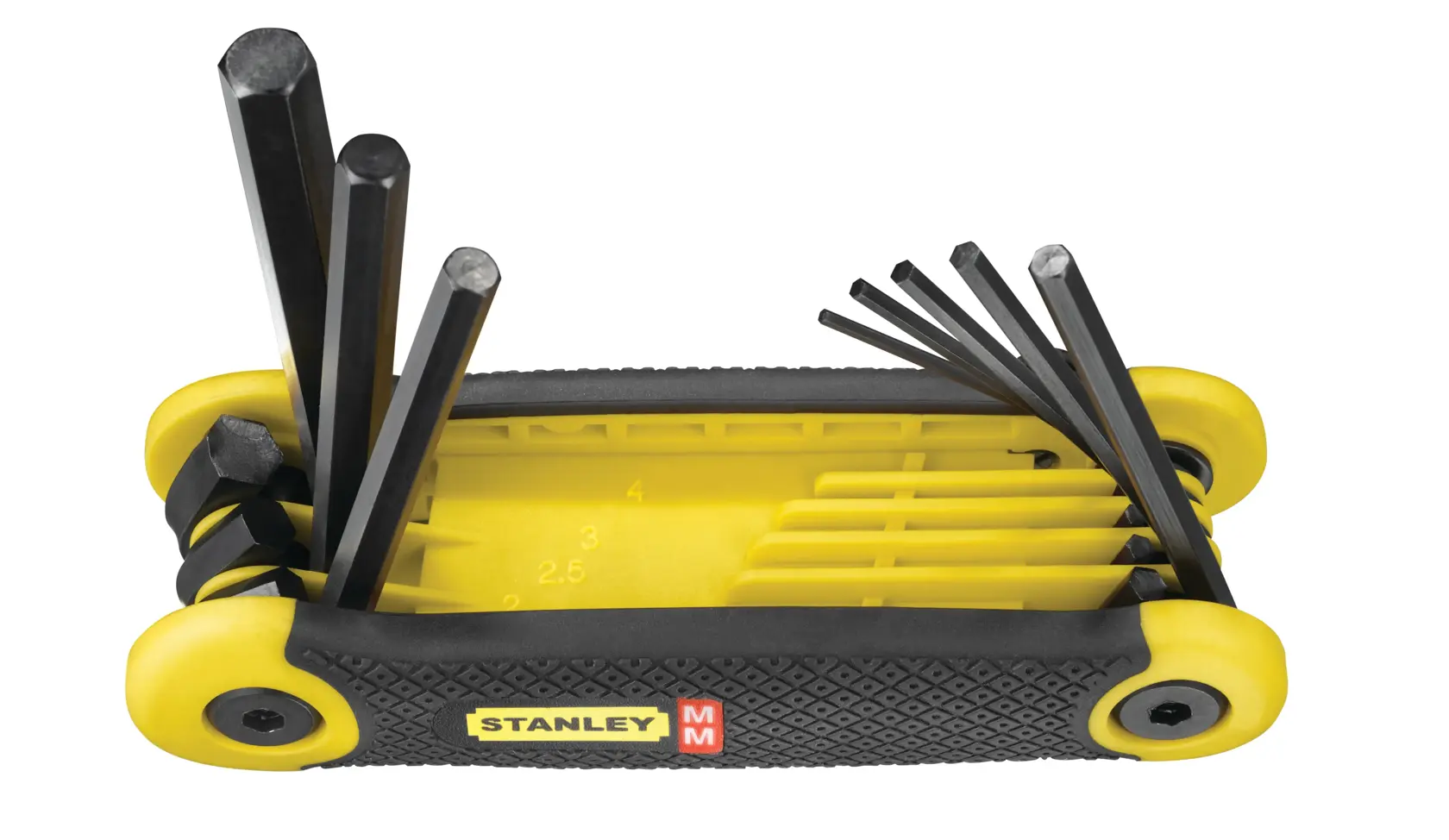 STANLEY 2-69-264 Inbusschlüssel-Set mit gelb-schwarzem Klapphalter, mehrere Schlüssel ausgeklappt, Seitenansicht.