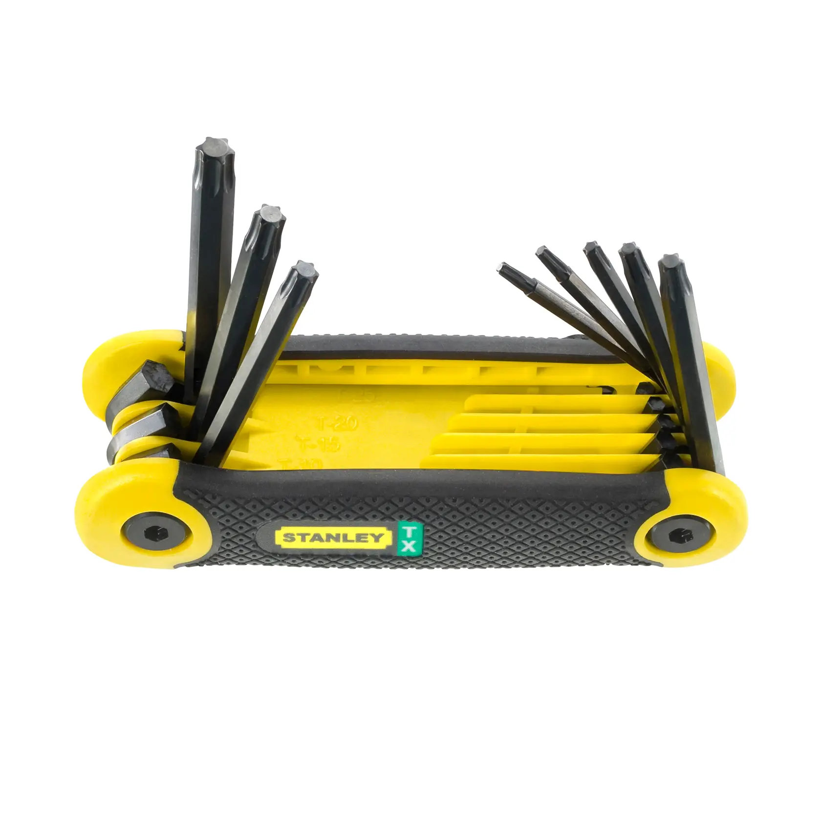 STANLEY 2-69-266 klappbarer Torx-Schlüsselsatz mit gelb-schwarzem Griff, seitlicher Winkel, Schlüssel ausgeklappt.