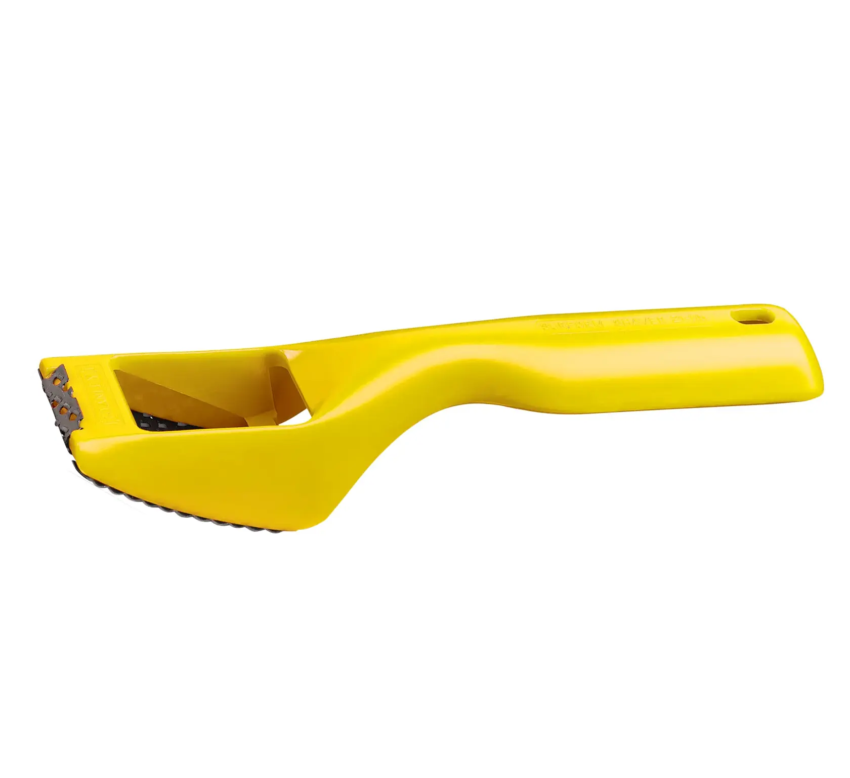 STANLEY 21-115 gelbes Surform-Werkzeug, Seitenansicht, mit Kunststoffgriff und Metallklinge.