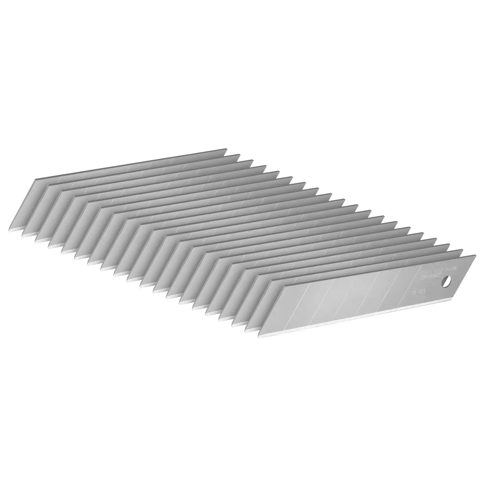 Stack of STANLEY snap-off utility knife blades arranged in a diagonal row on a white background.