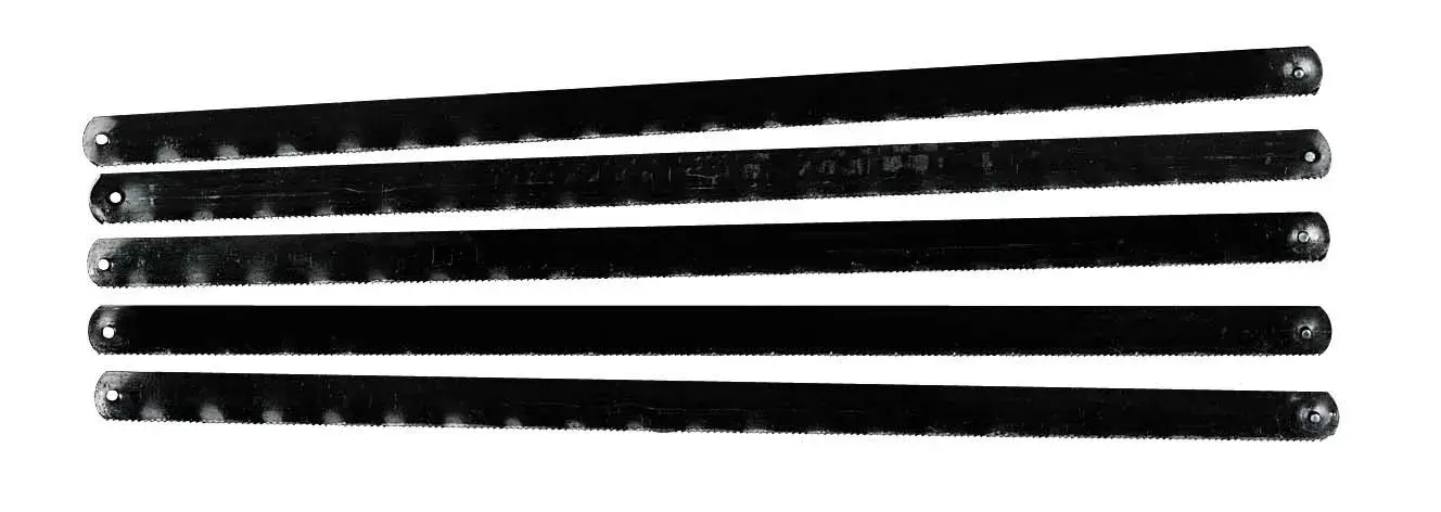 STANLEY 3-15-905 Metallsägeblatt-Set, vier schwarze Metallblätter, Draufsicht auf weißem Hintergrund.