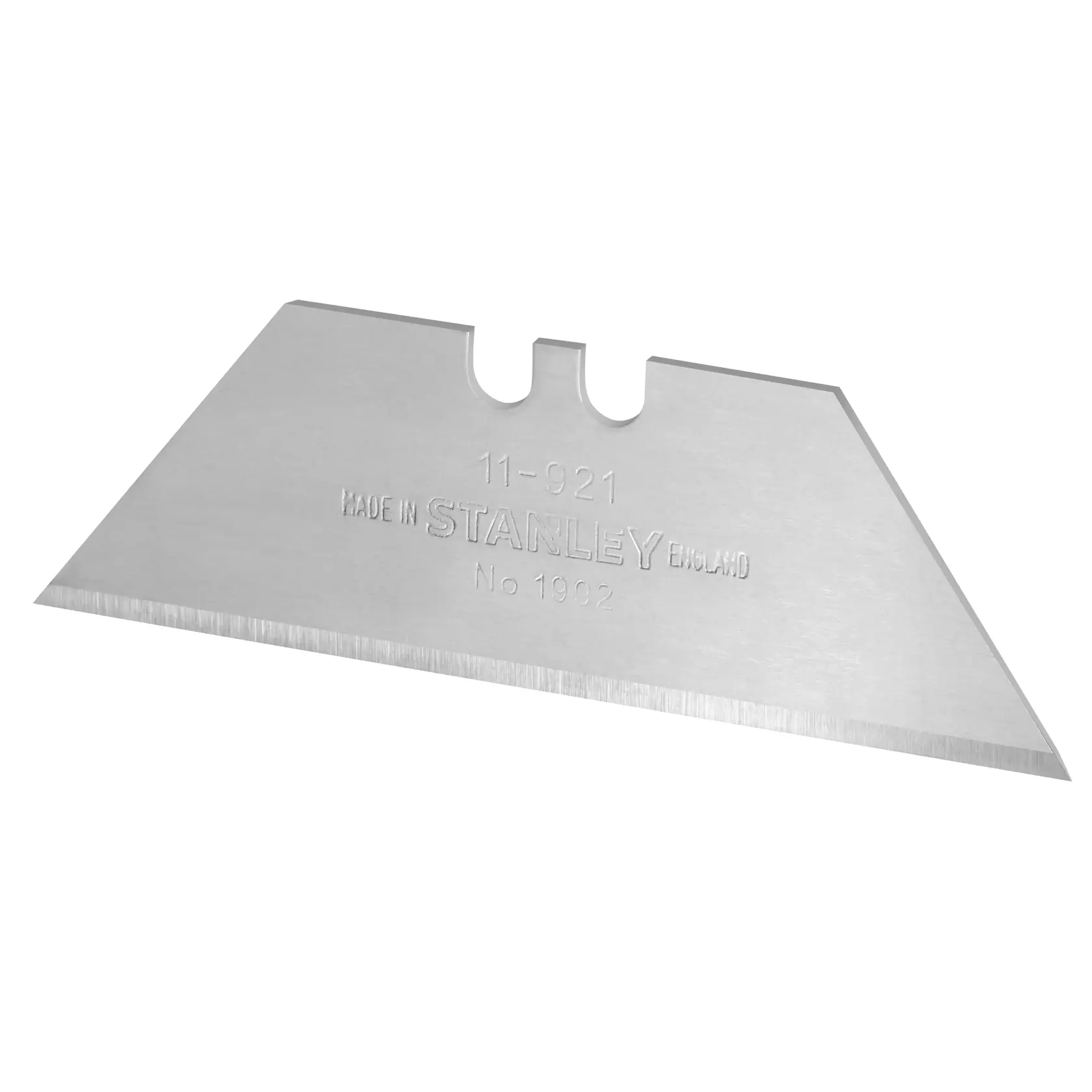 STANLEY 4-11-921 Universalmesser-Klinge aus silbernem Stahl, gerader Rand, Fotografie, Seitenansicht auf weißem Hintergrund.