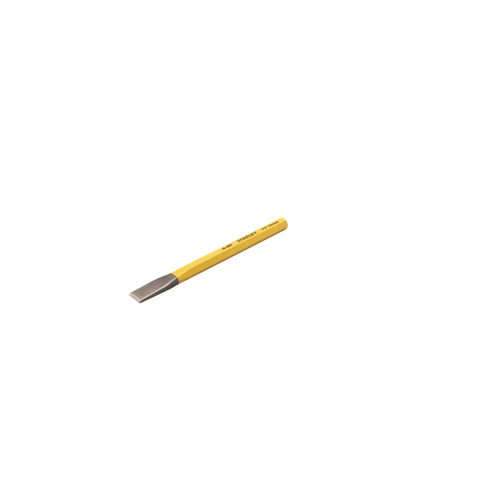 Photo of STANLEY 4-18-287 cold chisel with yellow handle, flat edge, product shown at an angle on white background.