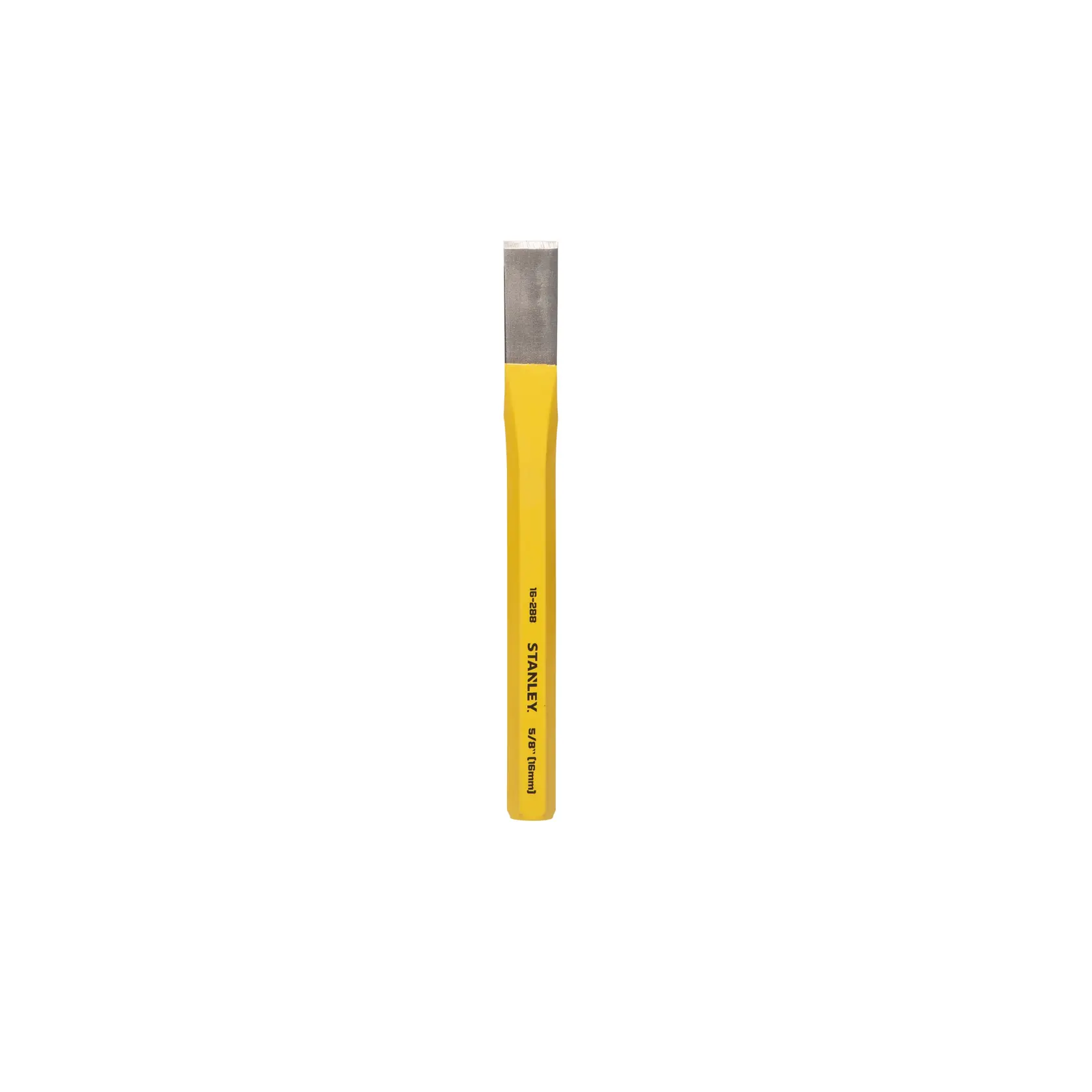 Stanley yellow cold chisel with a flat metal tip, used for cutting or shaping hard materials.