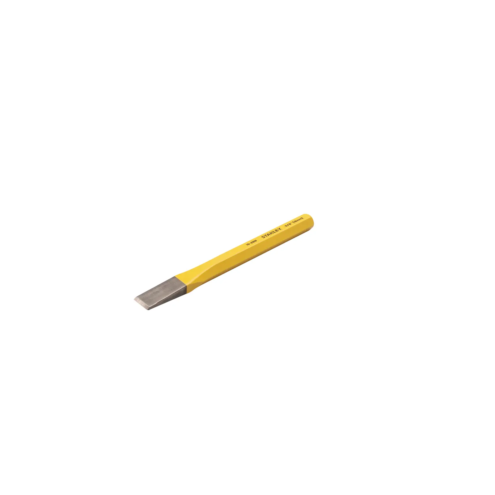 STANLEY 4-18-288 flat cold chisel, yellow hand tool, angled front view on white background.