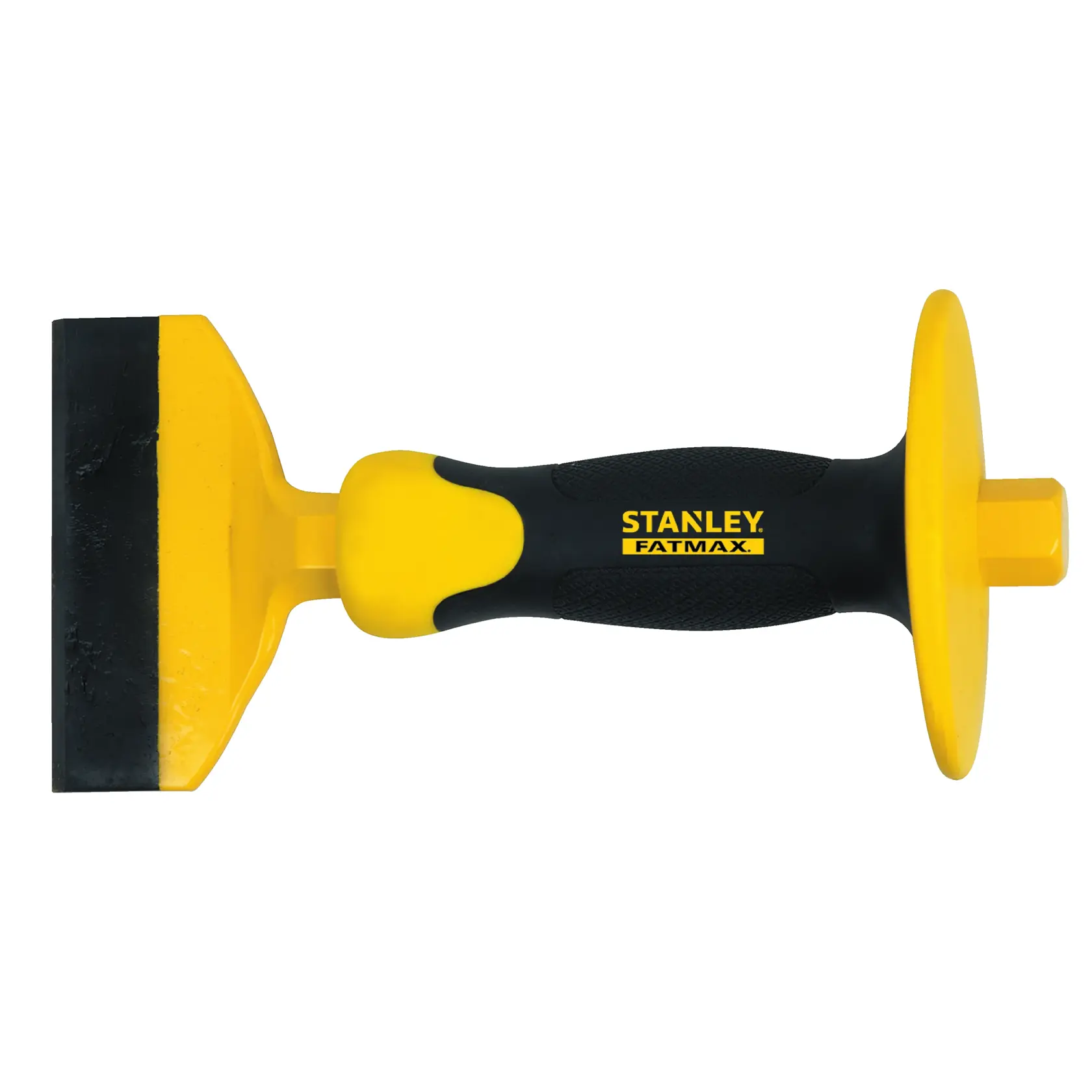 Stanley FatMax Handwerkzeug mit gelbem und schwarzem Griff und flacher Meißel-Klinge, geeignet für schwere Arbeiten.