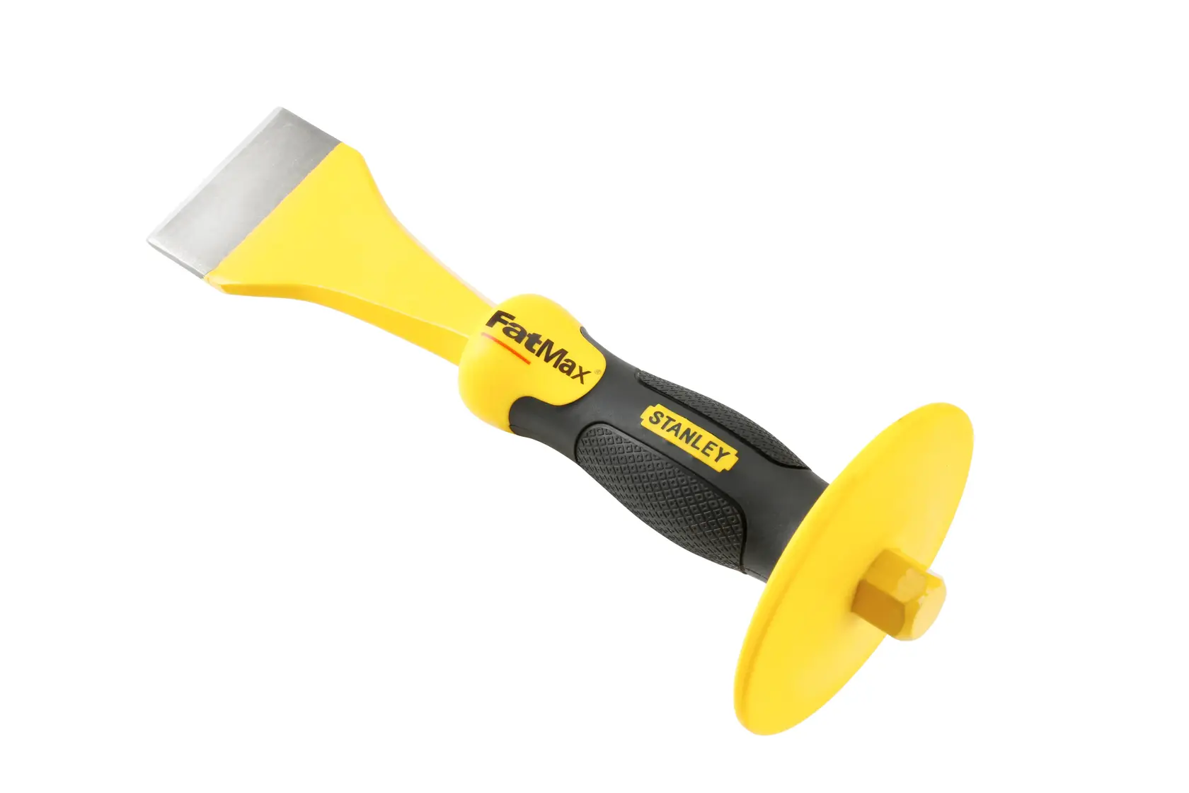 STANLEY 4-18-330 FatMax Meißel mit Schutz, schwarz-gelber Griff, Seitenansicht, Fotografie.