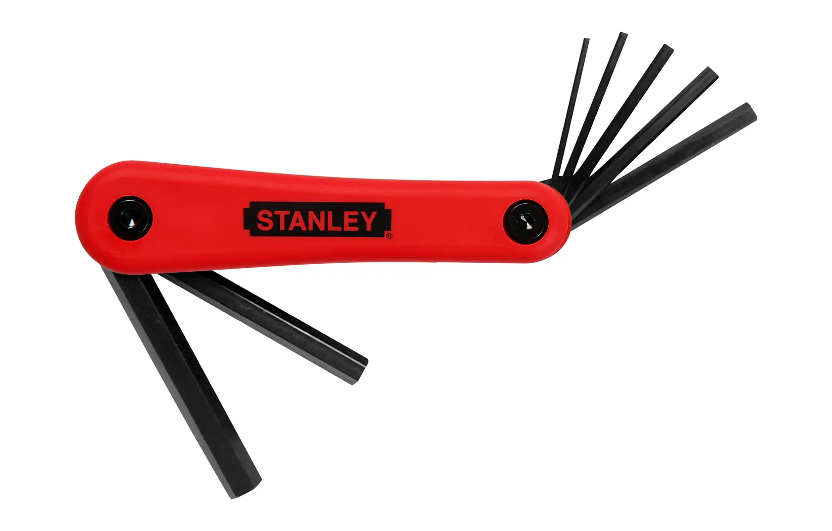 STANLEY 4-69-262 Inbusschlüssel-Set mit rotem Griff, Schrägansicht, Schlüssel ausgeklappt.