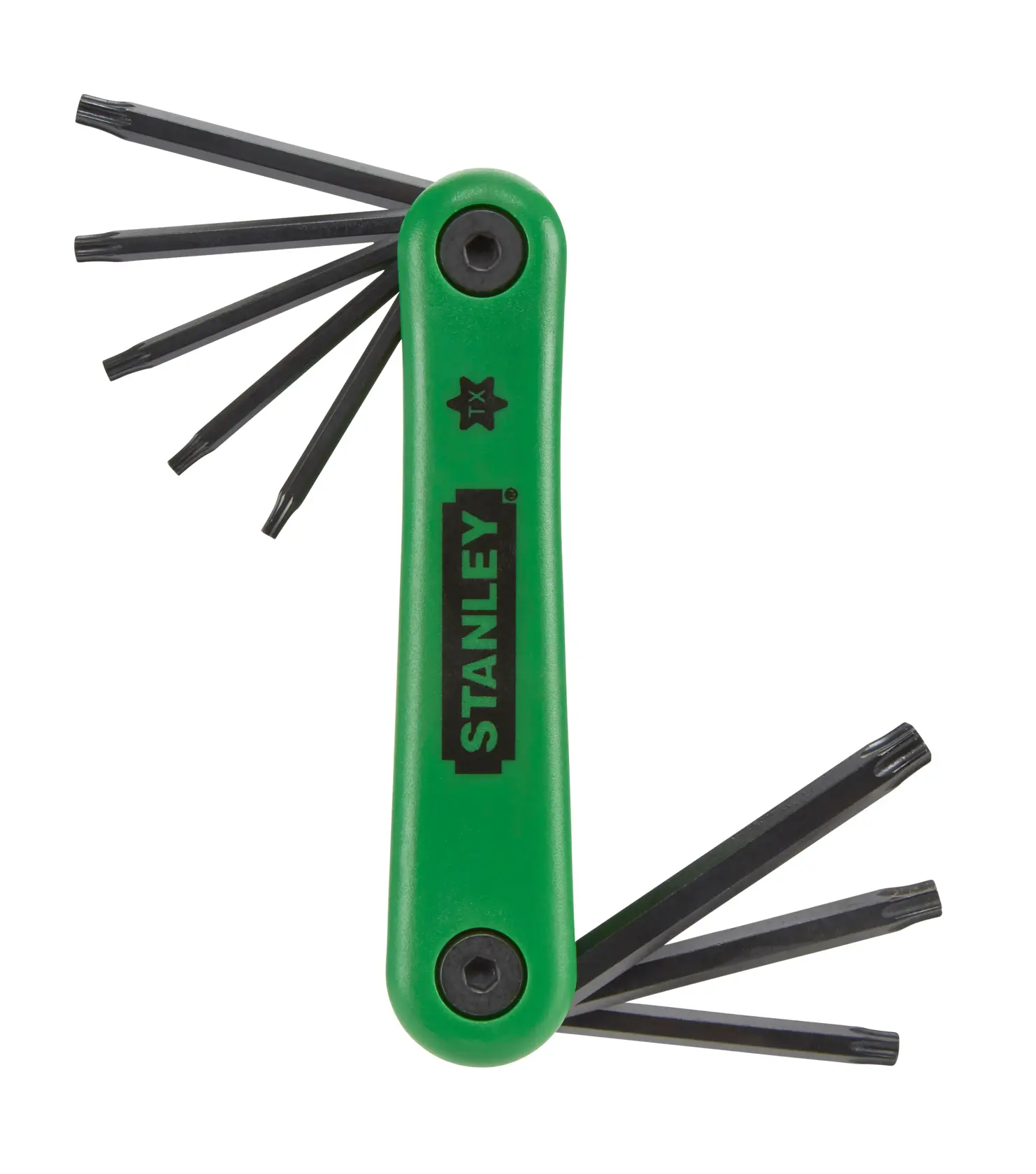 STANLEY 4-69-263 grünes klappbares Torx-Schlüsselsatz, offen, Fotografie vor weißem Hintergrund.