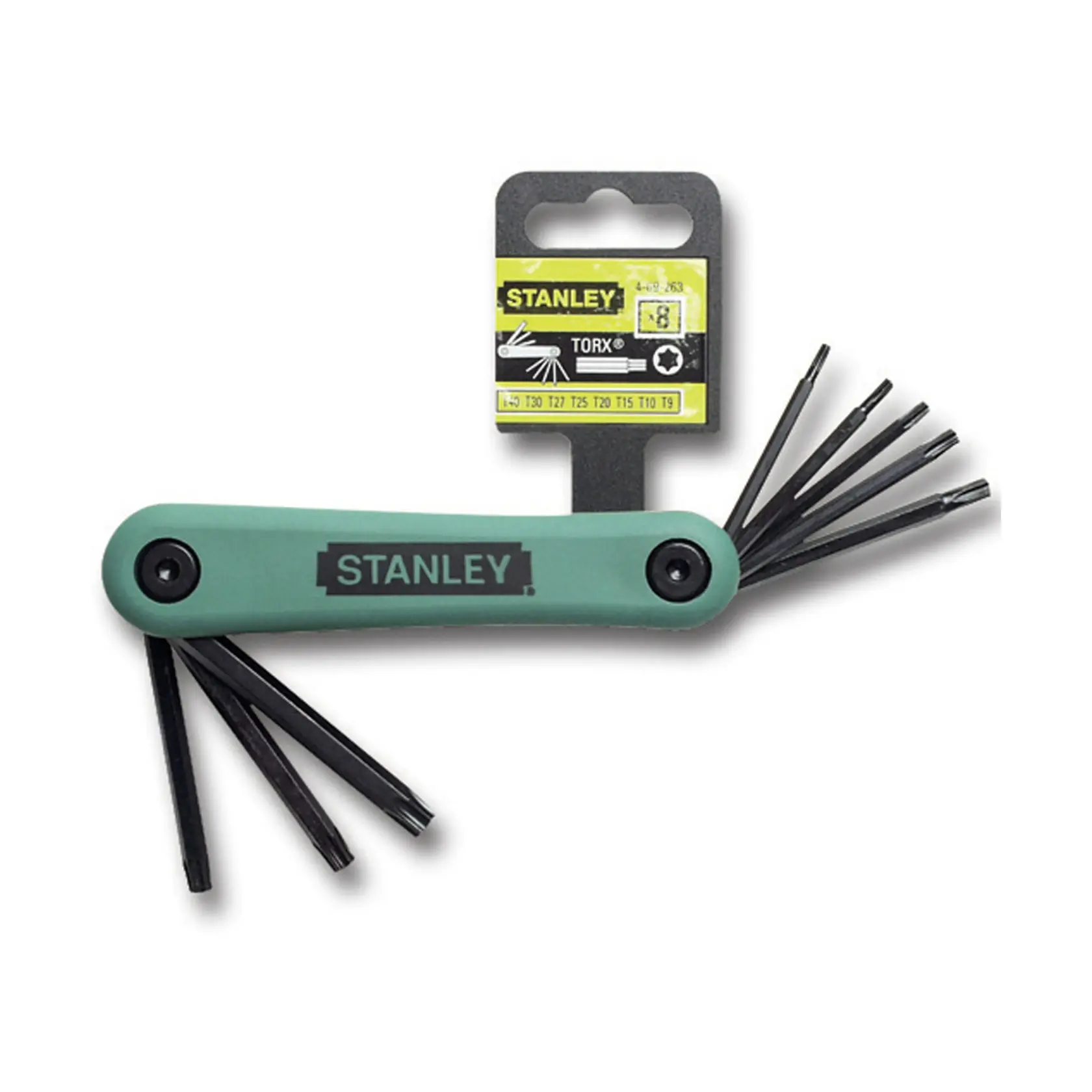 STANLEY 4-69-263 klappbarer Torx-Schlüsselsatz mit grünem Griff und acht ausgeklappten schwarzen Schlüsseln, Fotografie auf weißem Hintergrund.