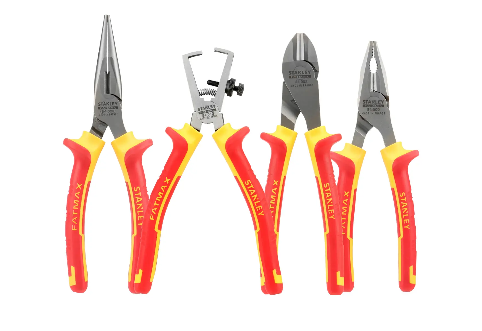 Stanley 4-84-489 pliers set with red-yellow handles, front angle on white background.