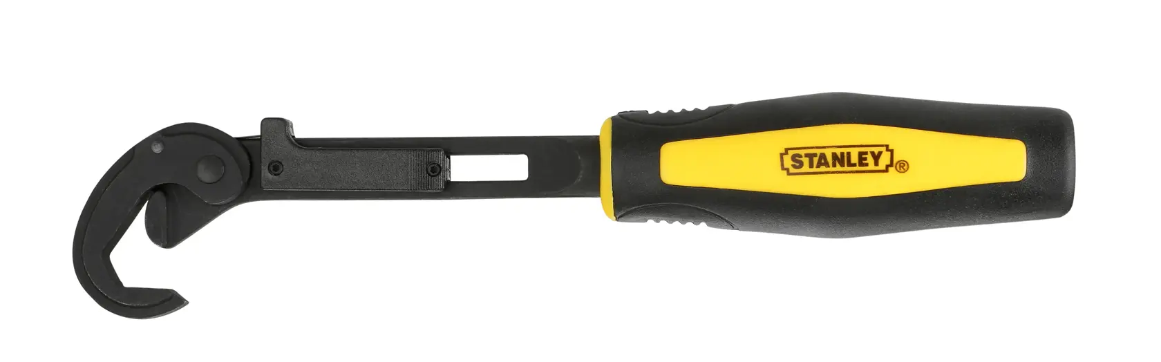 STANLEY 4-87-989 verstellbarer Hakenschlüssel mit schwarz-gelbem Griff, Seitenansicht, weißer Hintergrund.
