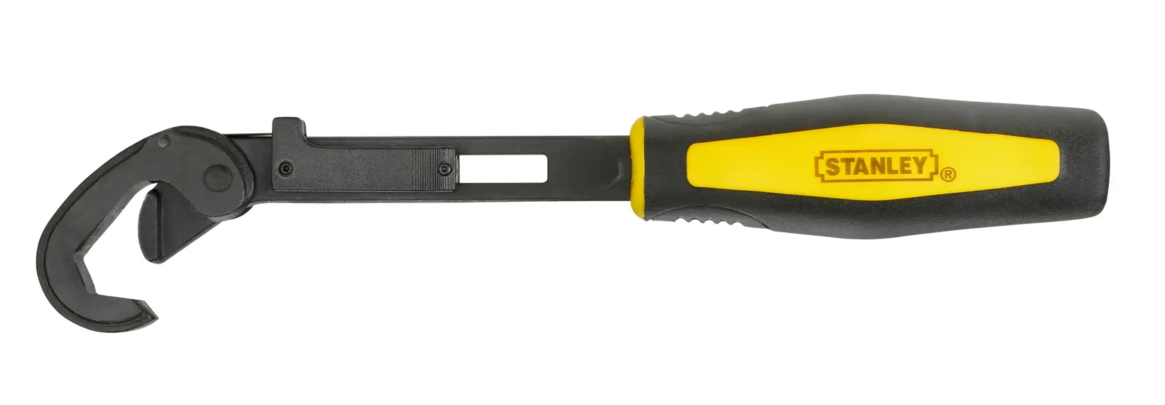 STANLEY 4-87-990 verstellbarer Hakenschlüssel mit schwarz-gelbem Griff, Seitenansicht auf weißem Hintergrund.