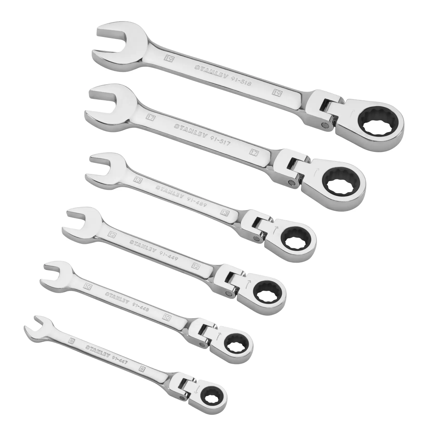 STANLEY 4-91-444 Set mit sechs verchromten Ratschen-Ringmaulschlüsseln, offene und Ringseite, Frontansicht.
