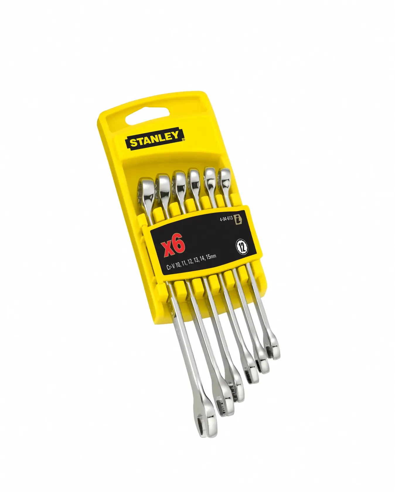 Stanley Set mit 6 Ringschlüsseln im gelben Halter, Größen 10-15mm. Werkzeuge schräg dargestellt.
