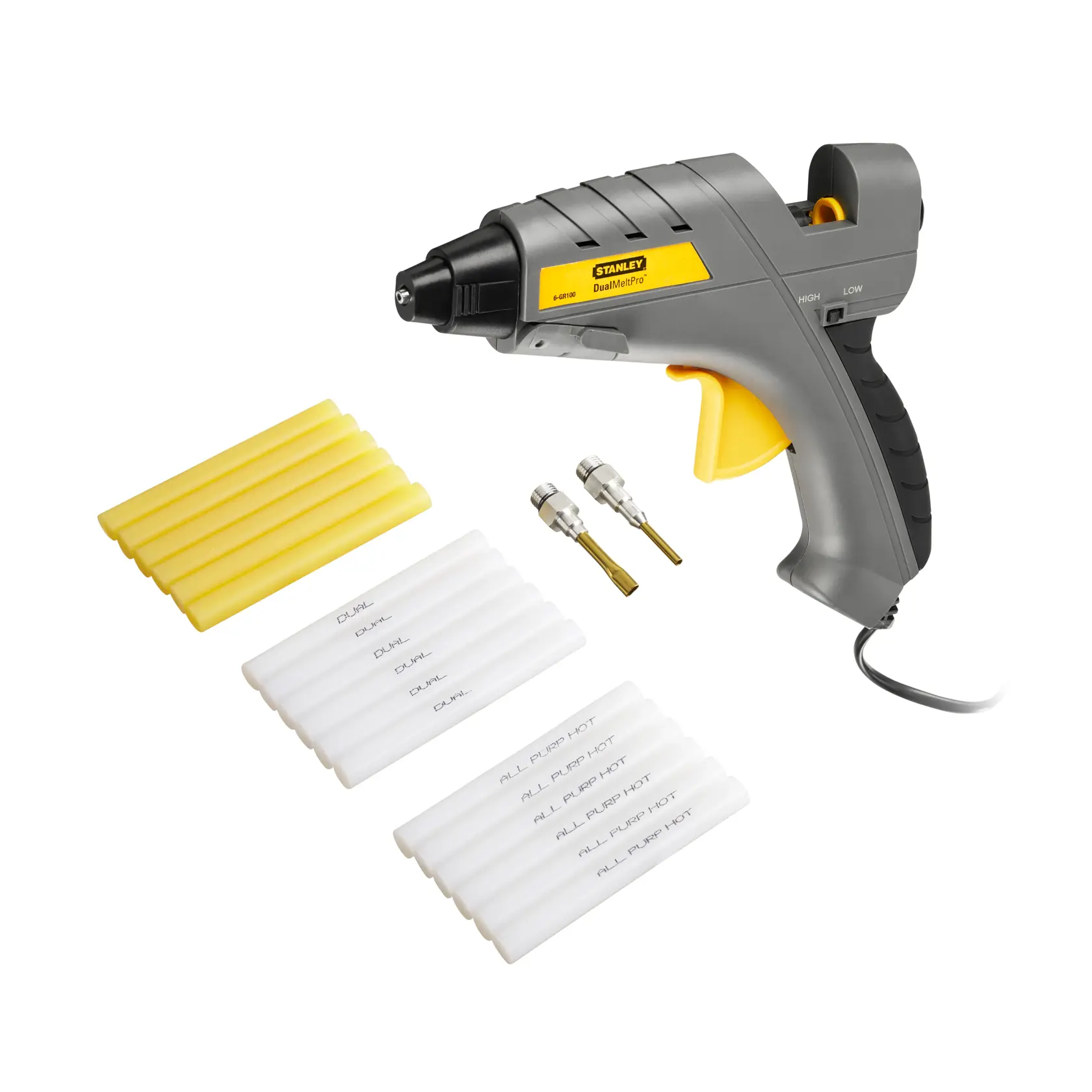 STANLEY 6-GR100 Fotografie graue DualMelt Pro Klebepistole mit Klebesticks und zwei Metallaufsätzen, obere Ansicht.