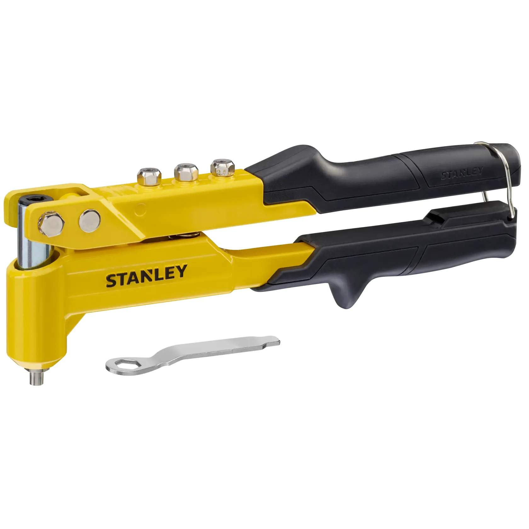 STANLEY 6-MR100 gelb-schwarzes Nietwerkzeug mit Schlüssel, Seitenansicht, weißer Hintergrund.