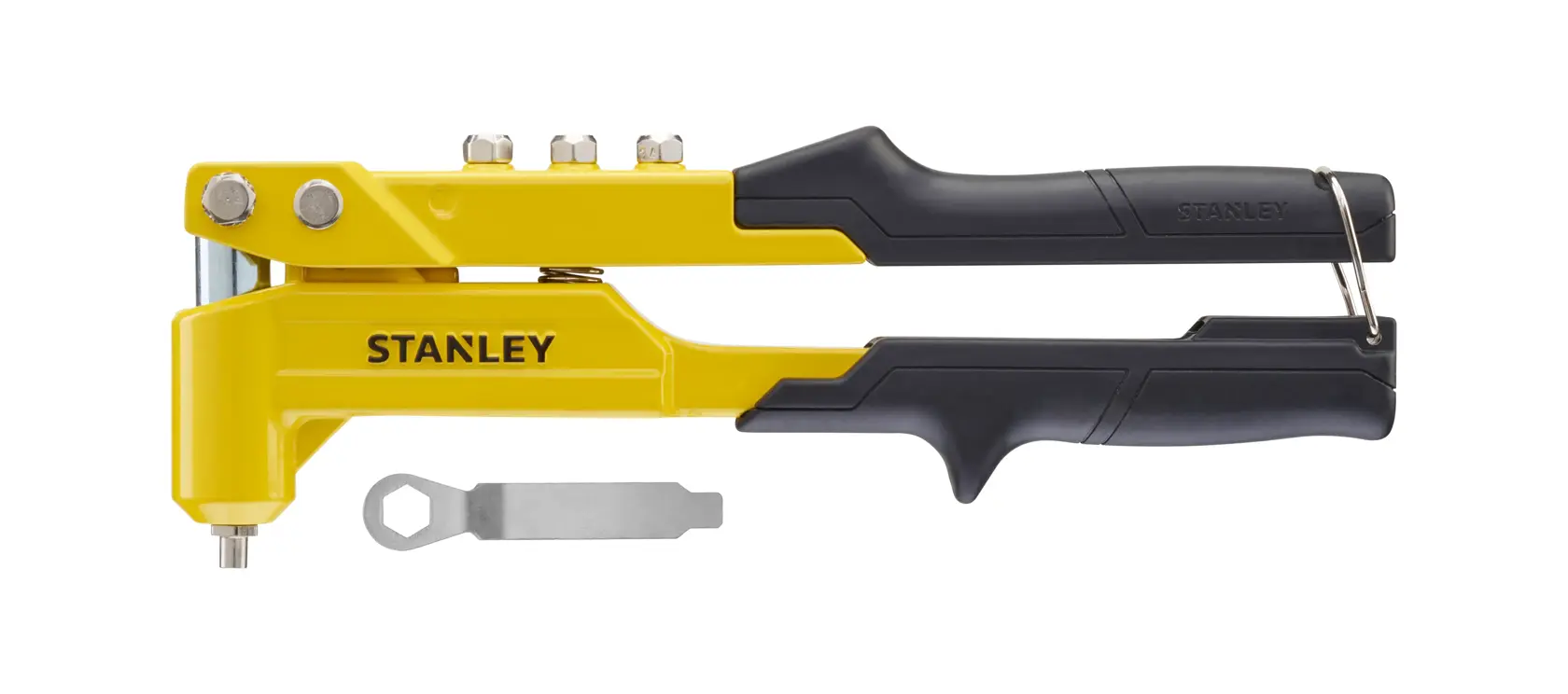 STANLEY 6-MR100 gelbe und schwarze Handnietzange mit beiliegendem Schlüssel, Seitenansicht auf weißem Hintergrund.