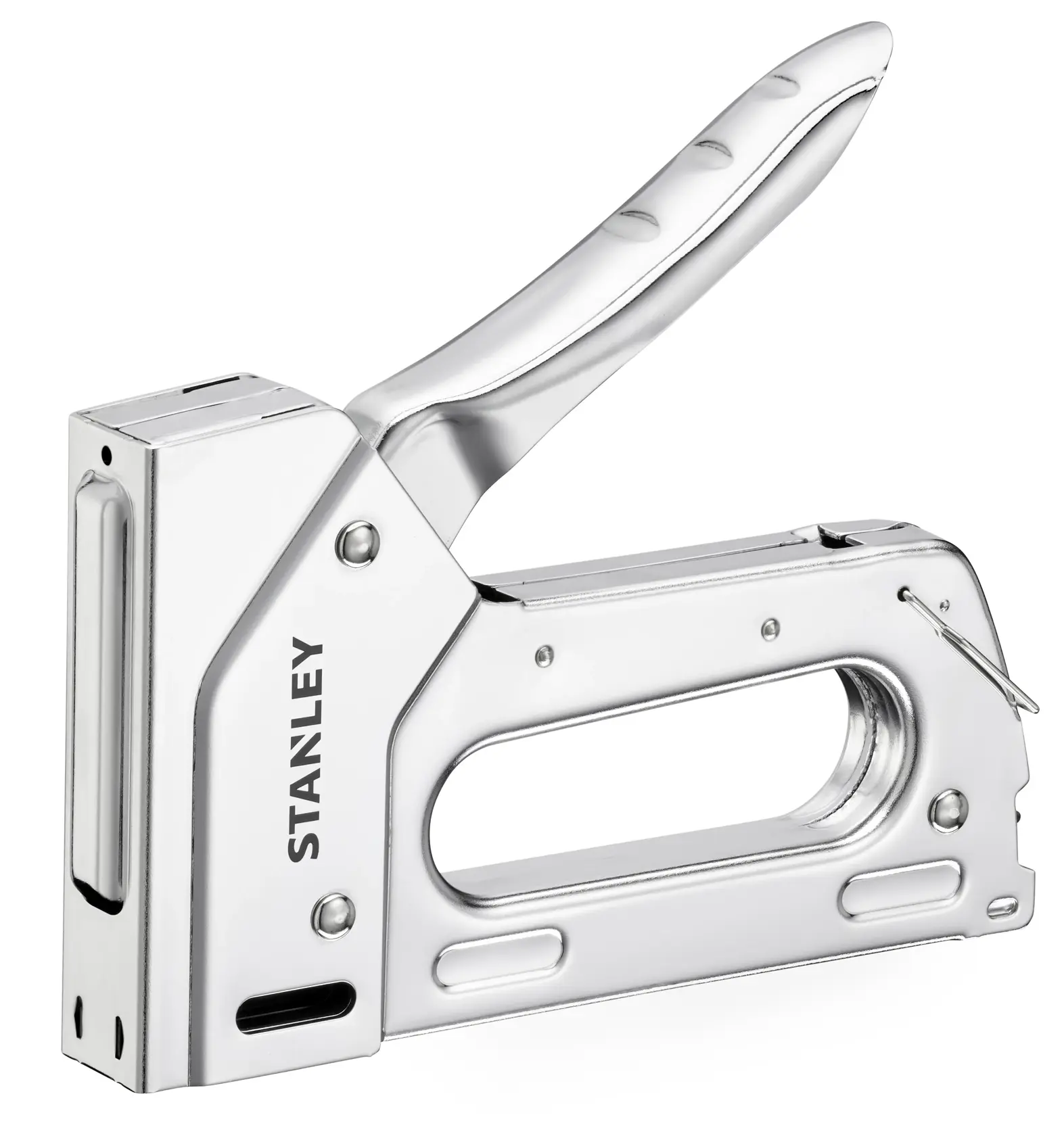 Silberner Stanley-Tacker mit ergonomischem Griff, ideal zum Befestigen und für fotografische Anwendungen.