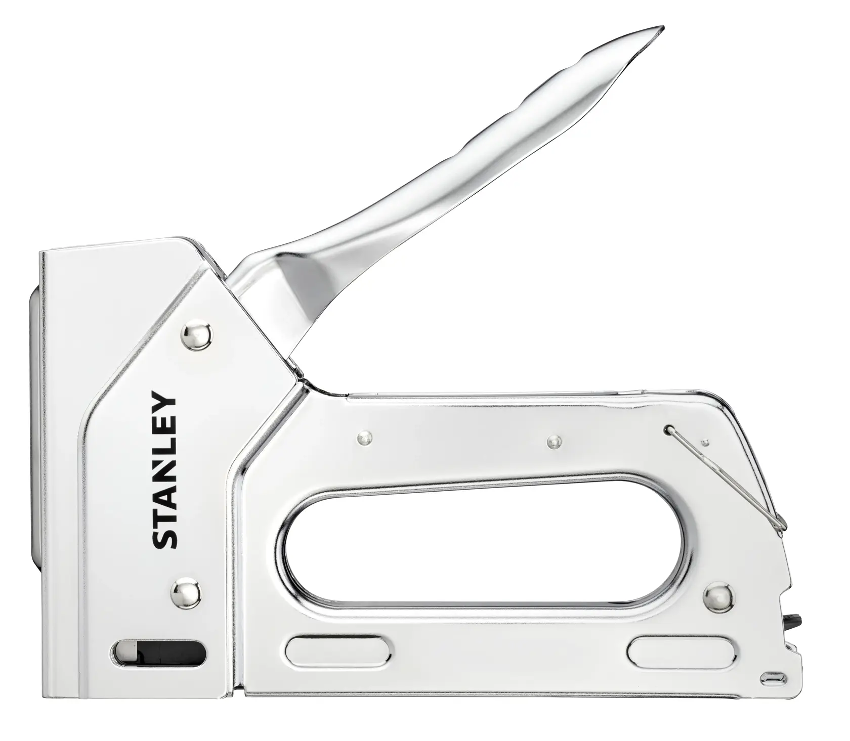 STANLEY 6-TR110 Heftklammergerät aus silbernem Metall, Seitenansicht, weißer Hintergrund.