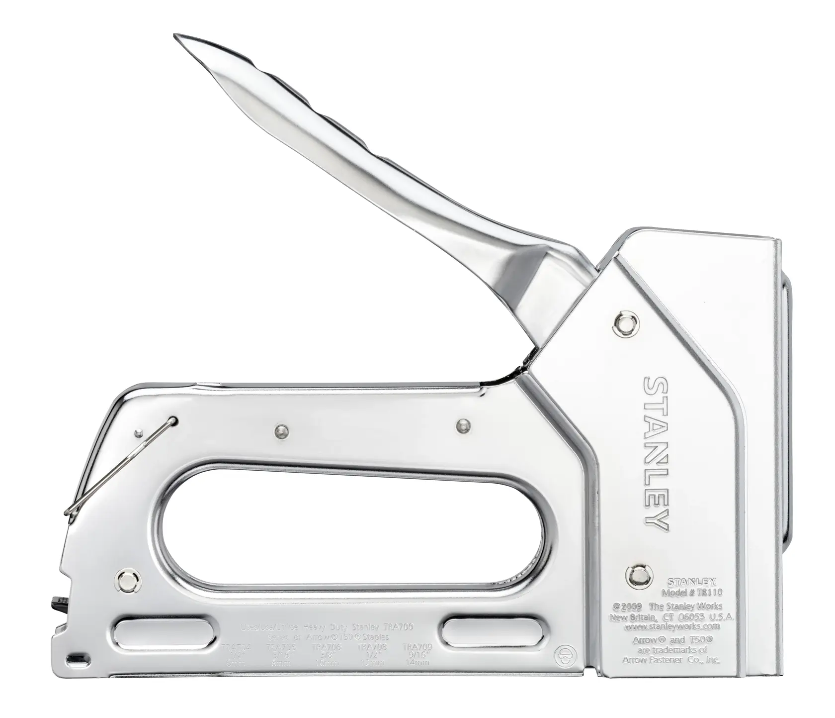 STANLEY 6-TR110 leistungsstarker Tacker Seitenansicht, Chromoptik, großer Griff, Metallgehäuse, auf weißem Hintergrund.