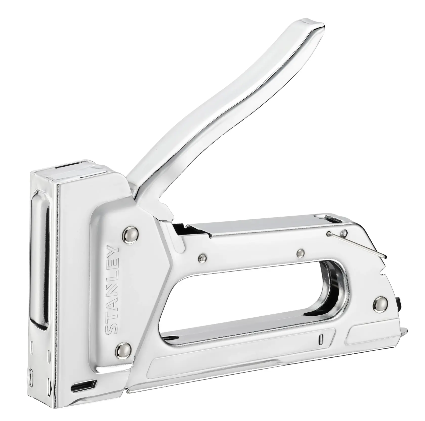 STANLEY 6-TR45 silberner Handtacker Seitenansicht auf weißem Hintergrund.