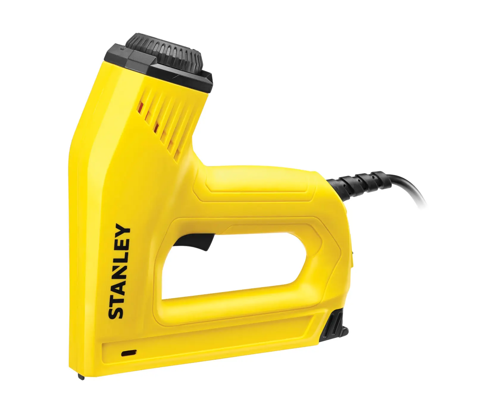 Foto des gelben elektrischen Tackers STANLEY 6-TRE550, Seitenansicht, mit schwarzem Drehknopf und Kabel.
