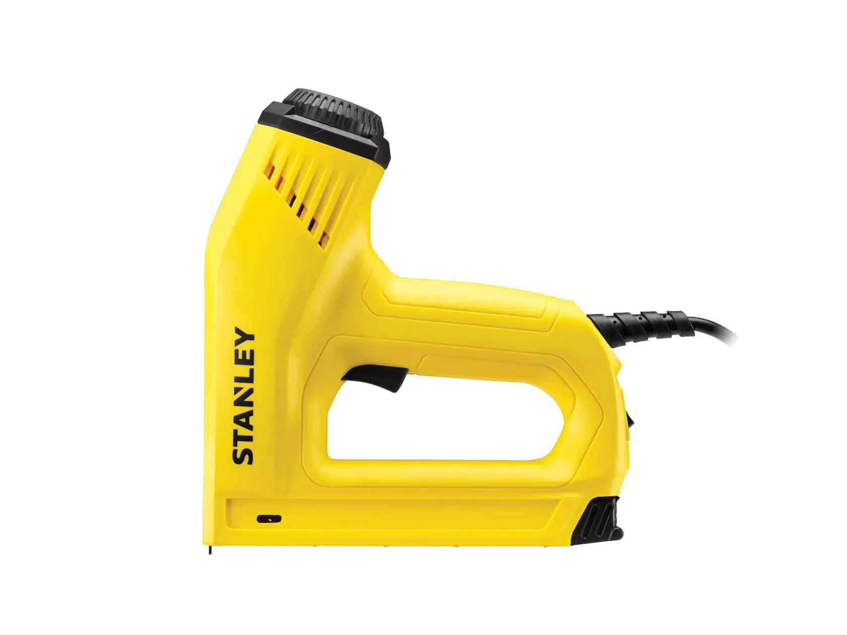 STANLEY 6-TRE550 Elektrotacker gelb, Seitenansicht Fotografie auf weißem Hintergrund.