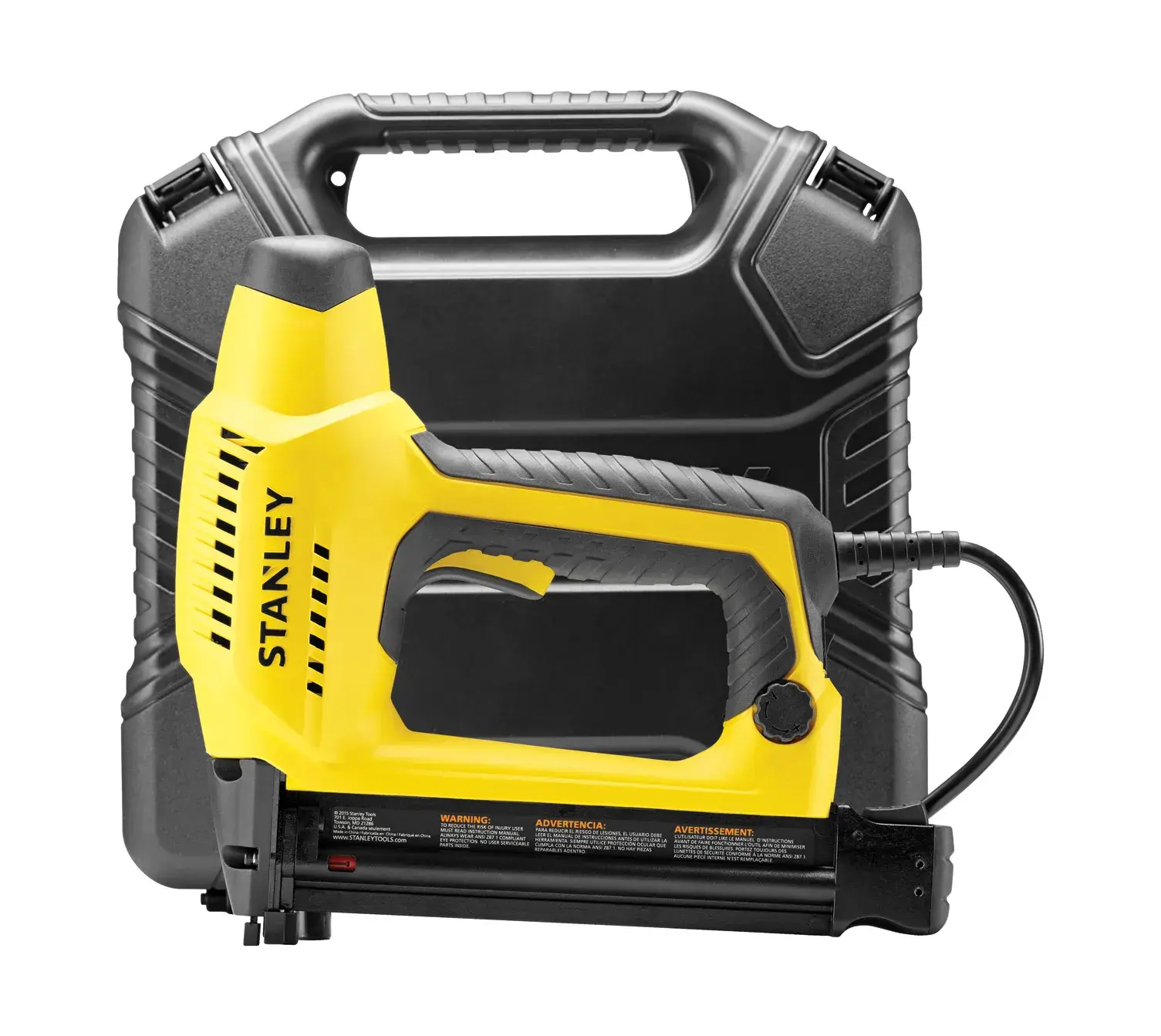 STANLEY 6-TRE650 electric nail gun with yellow and black body, shown front angle, placed in front of a hard carrying case.