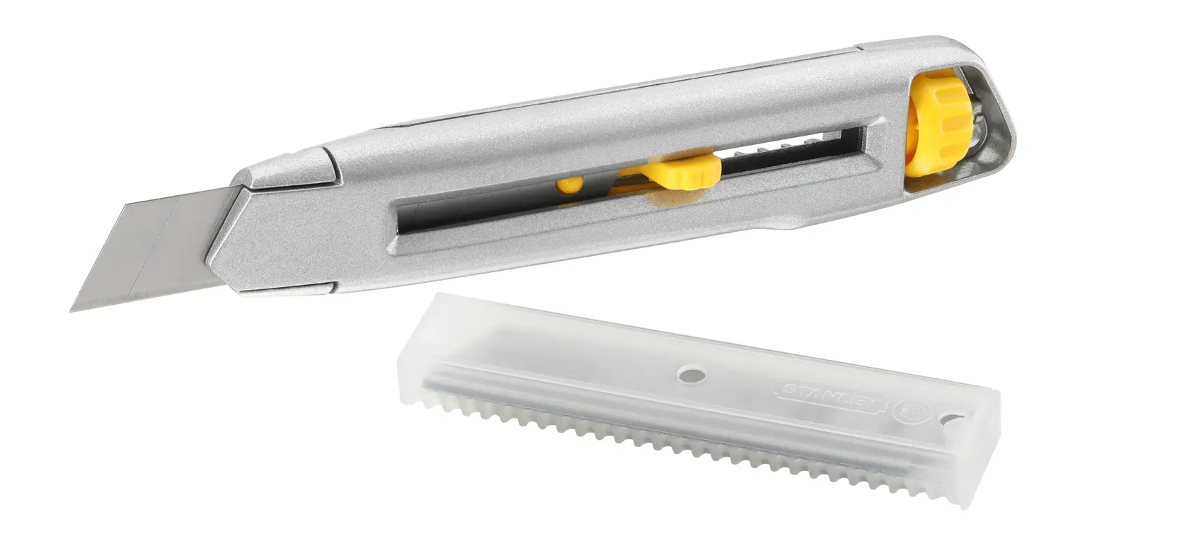 STANLEY 7-10-018 Universalmesser mit einziehbarer Klinge und Ersatzklingenbox, Frontansicht.