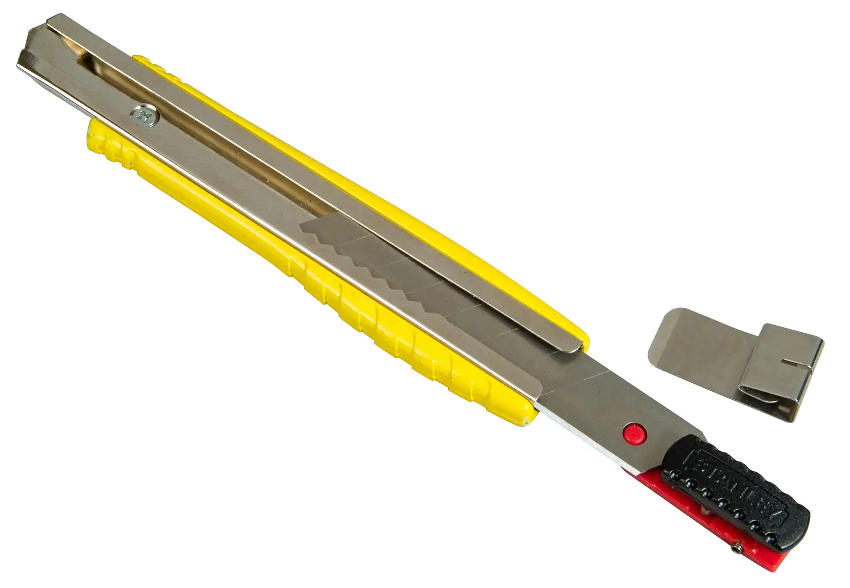Photo of STANLEY 8-10-421 utility knife with yellow handle and detachable metal clip, side angle.