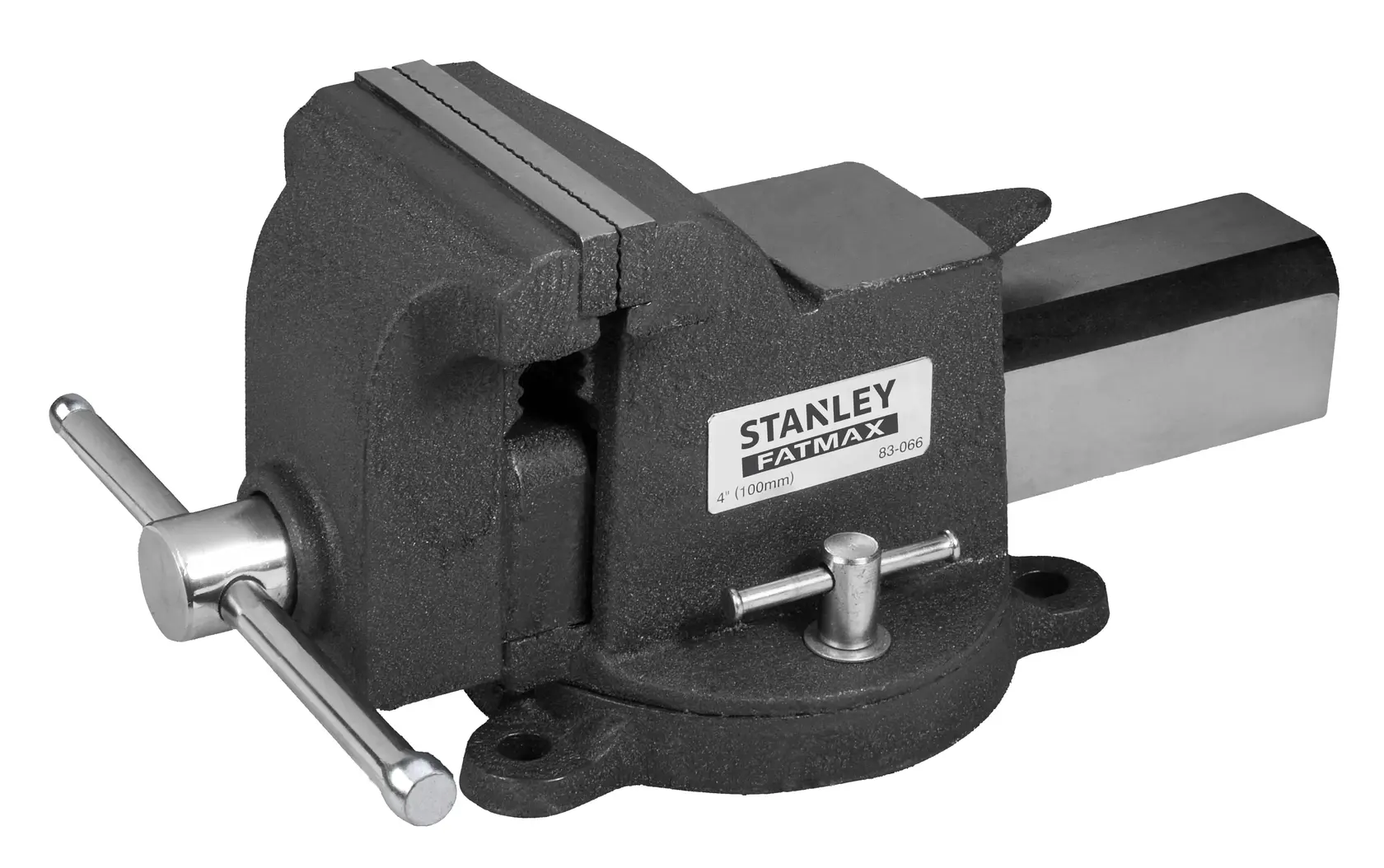 STANLEY Schraubstock, SKUs 83-066, 1-83-066, schwarzes Metall, Seitenansicht, Fotografieprodukt.