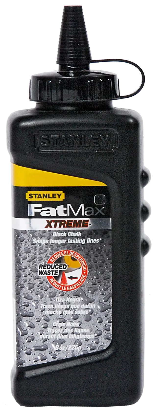 STANLEY 9-47-822 Fotografie schwarze FatMax XTREME Kreideflasche mit spitzem Deckel, Vorderansicht auf weißem Hintergrund.