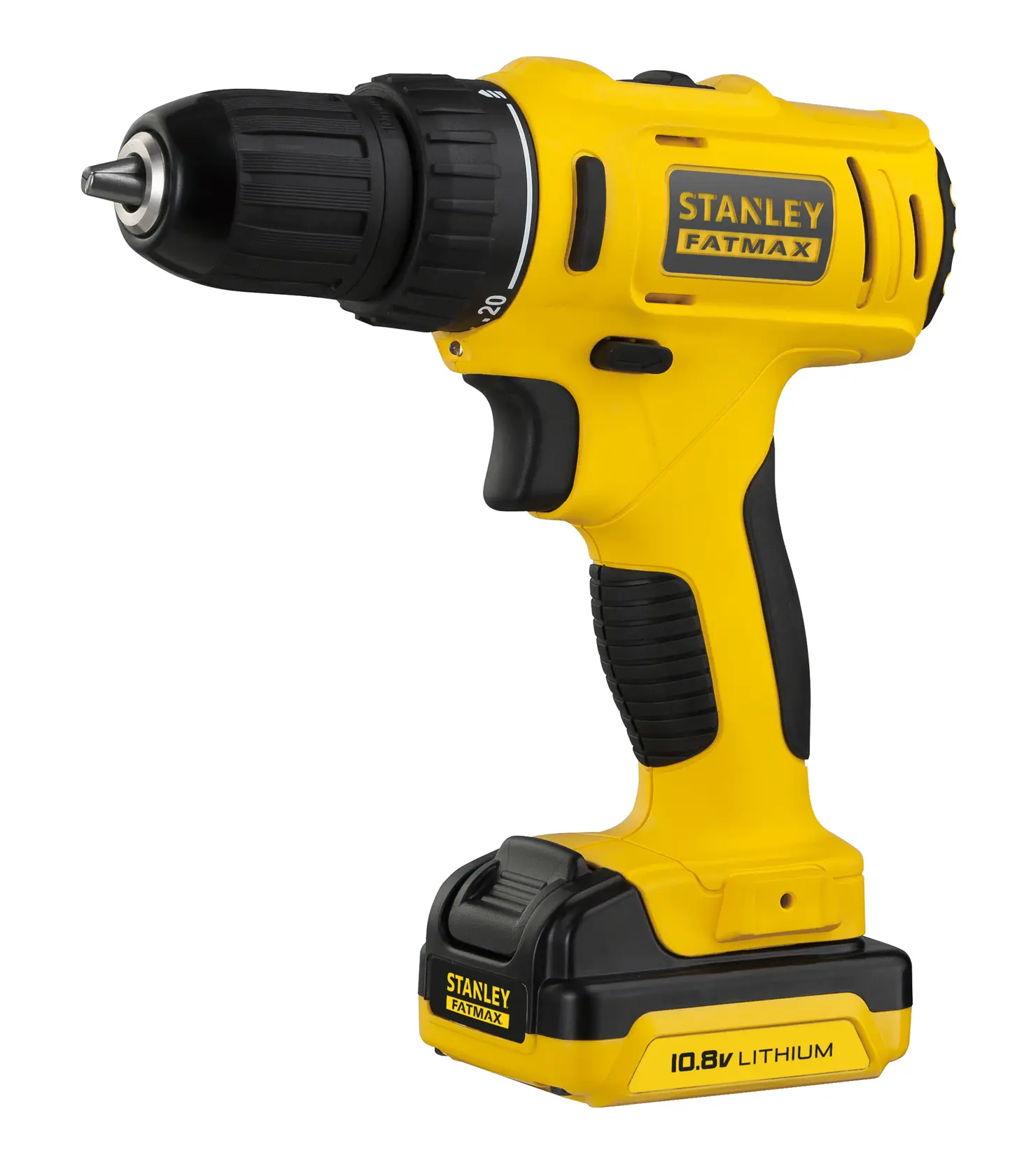 STANLEY FMC011S2 kabellose Bohrmaschine, gelb und schwarz, Seitenansicht, mit 10,8V Lithium-Akku.