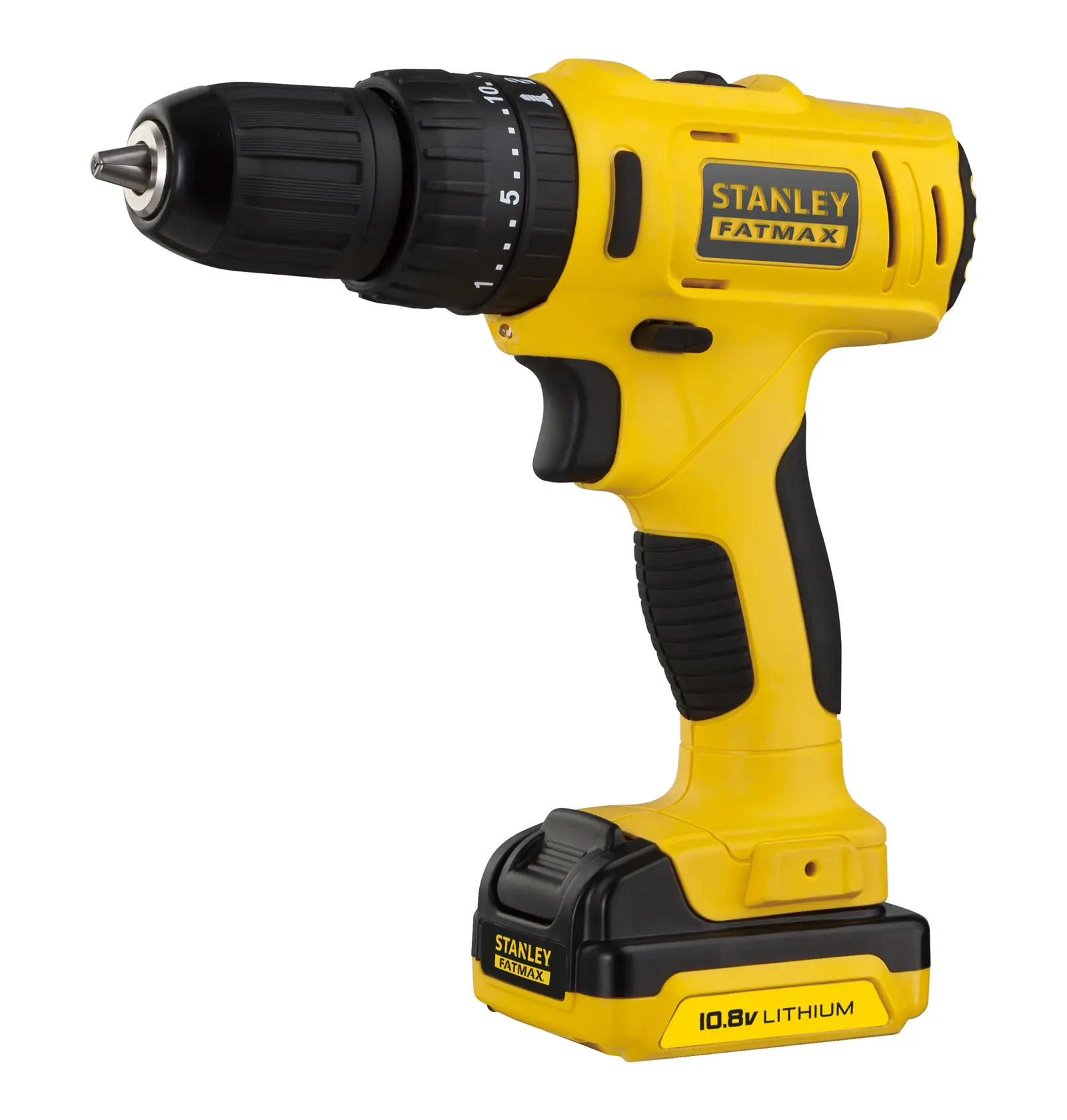 STANLEY FMC021S2 gelber Akku-Bohrmaschine Vorderansicht, FATMAX, 10.8V Lithium-Akku sichtbar.