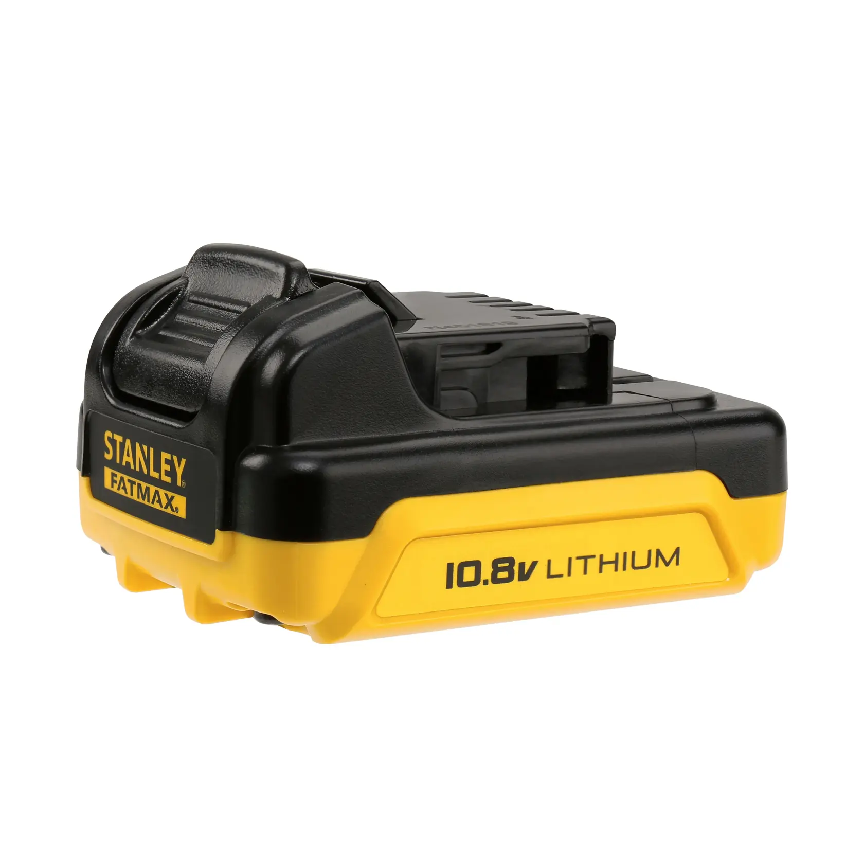 Foto der STANLEY FMC041S2 10.8V Lithium-Batterie, schwarz-gelb, Nahaufnahme.