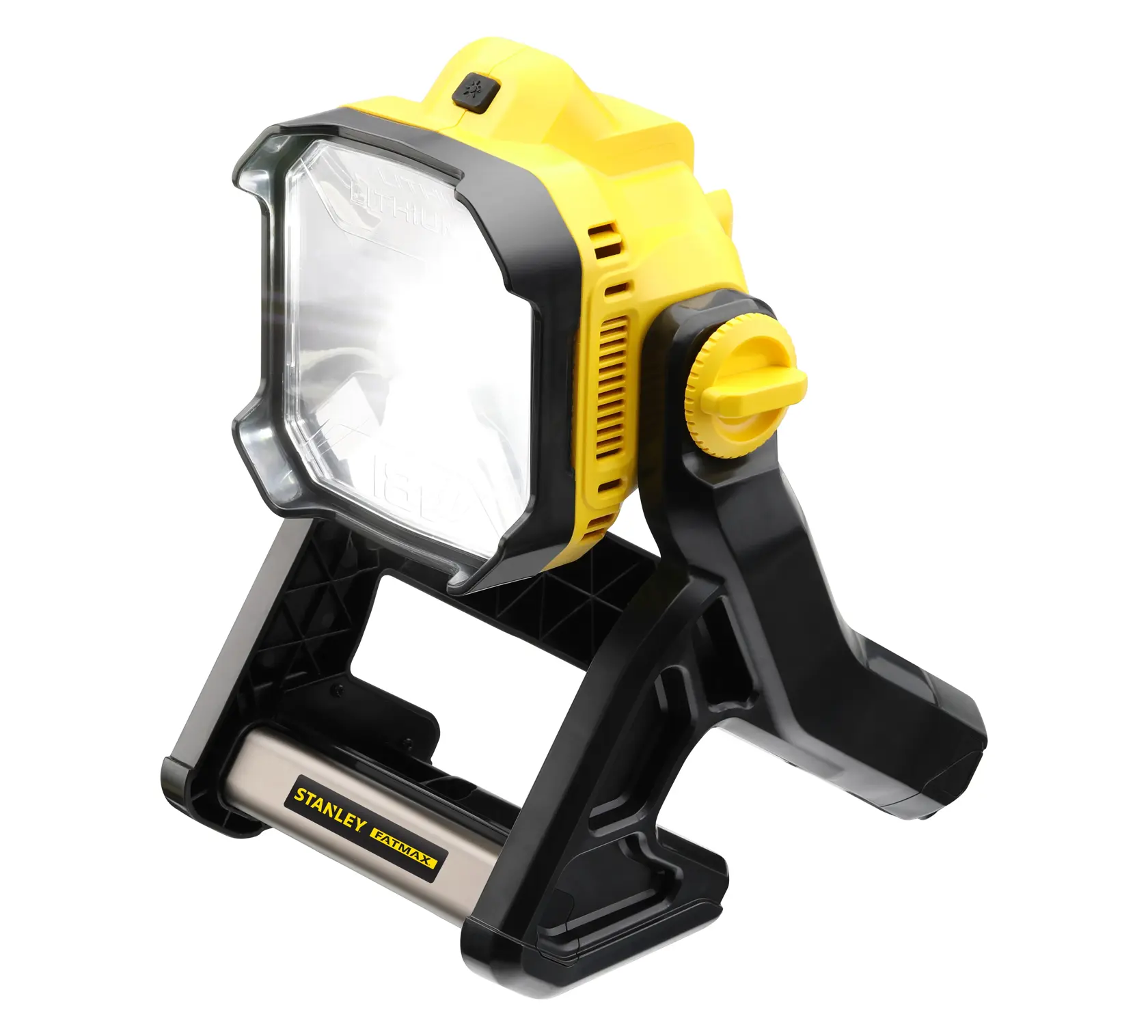 STANLEY LED-Arbeitsleuchte in Gelb und Schwarz mit verstellbarem Ständer, geeignet für Fotografie und Baustellen.