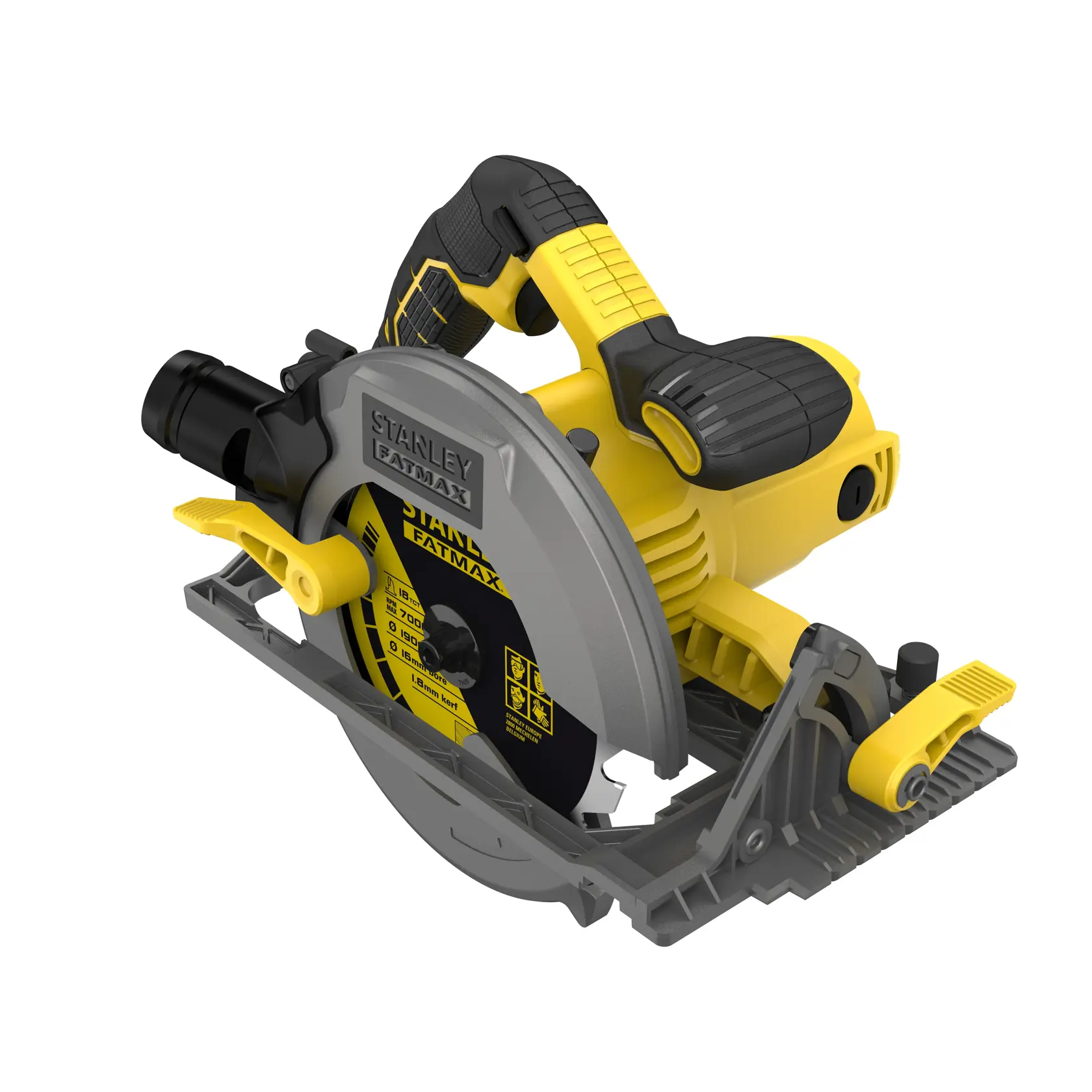 STANLEY FME301 Kreissäge, gelb und schwarz, Seitenansicht auf weißem Hintergrund, ergonomischer Griff und Klingenschutz sichtbar.