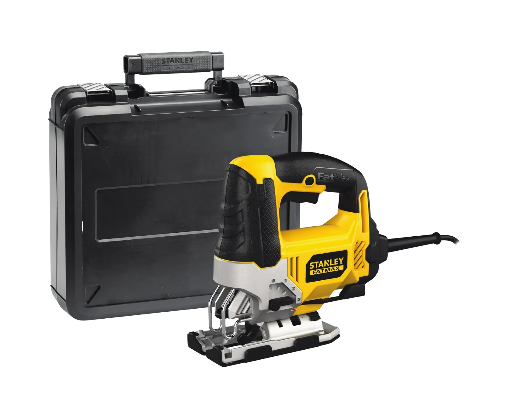 STANLEY FME340K Stichsäge mit schwarzem Transportkoffer, Seitenansicht auf weißem Hintergrund.