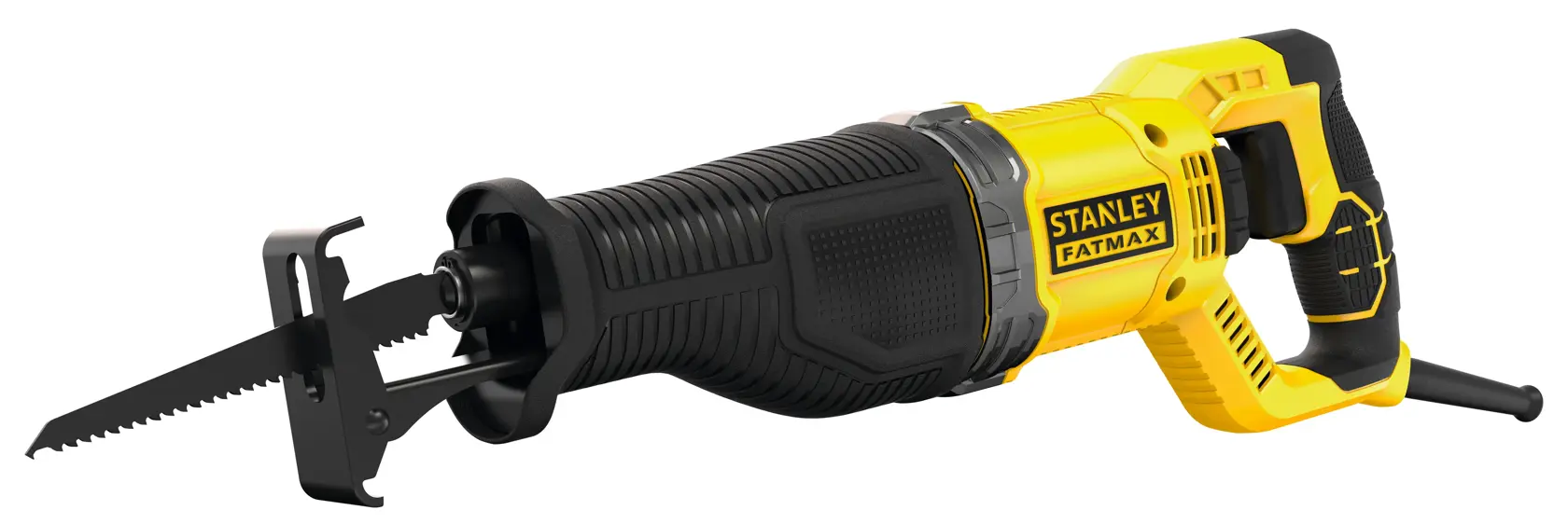 Stanley FatMax Elektrosäge mit schwarzem Griff und gelbem Gehäuse, geeignet für professionelle Schneidarbeiten.