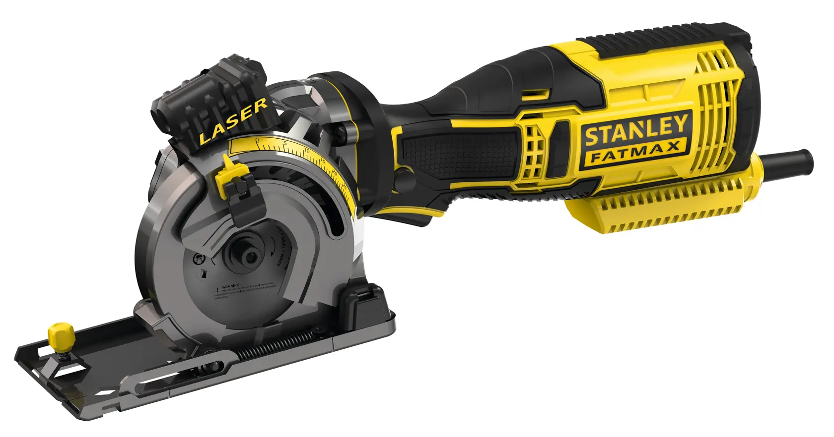 Stanley Fatmax Mini-Handkreissäge Set mit Koffer, drei Sägeblättern, Schlauch und Zubehör auf Weiß.