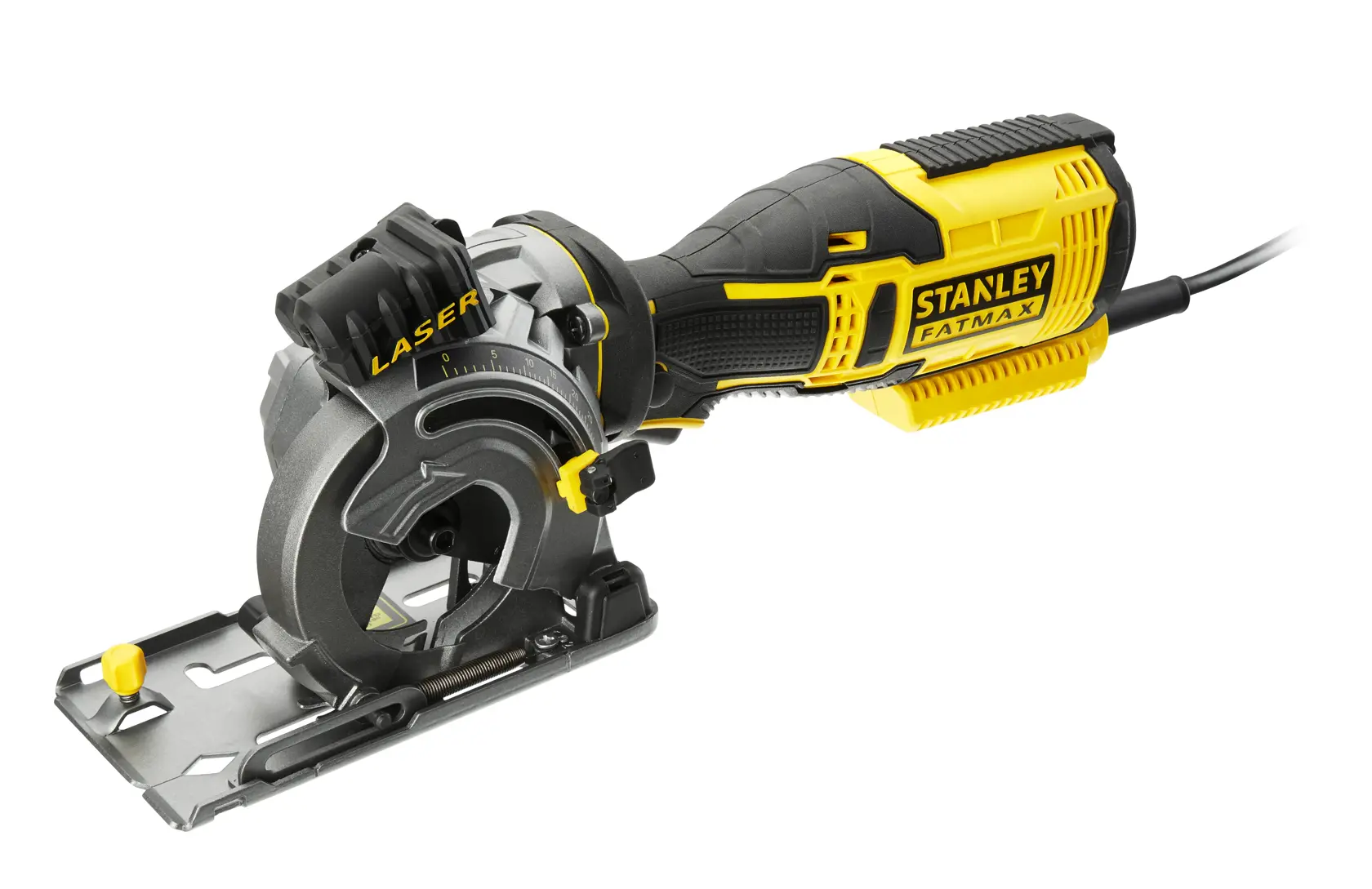 Stanley Fatmax FME380K mini circular saw with laser guide, yellow and black, for precision woodworking cuts.